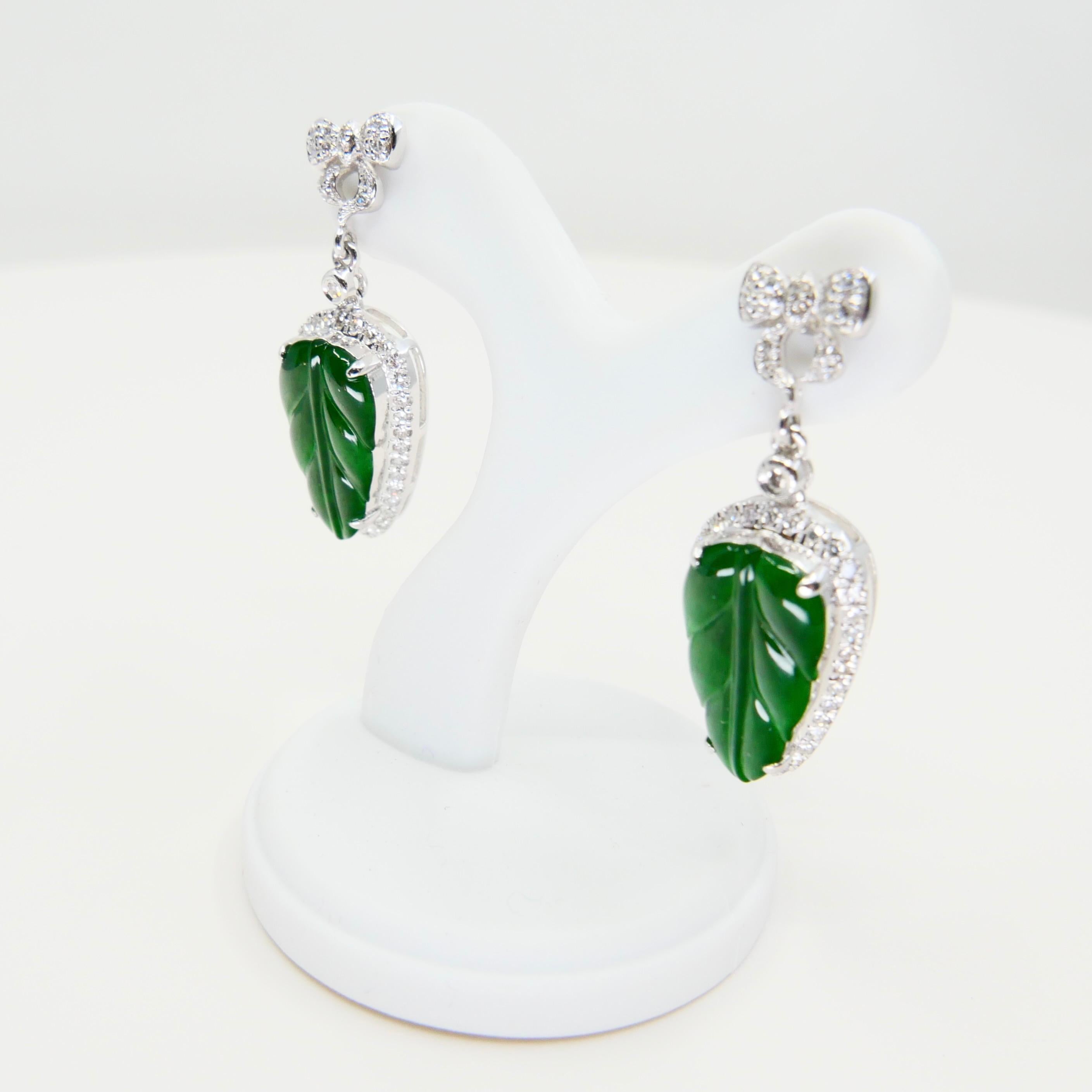 Certified Icy Imperial Green Jade & Diamond Earrings, Collector's Quality For Sale 6