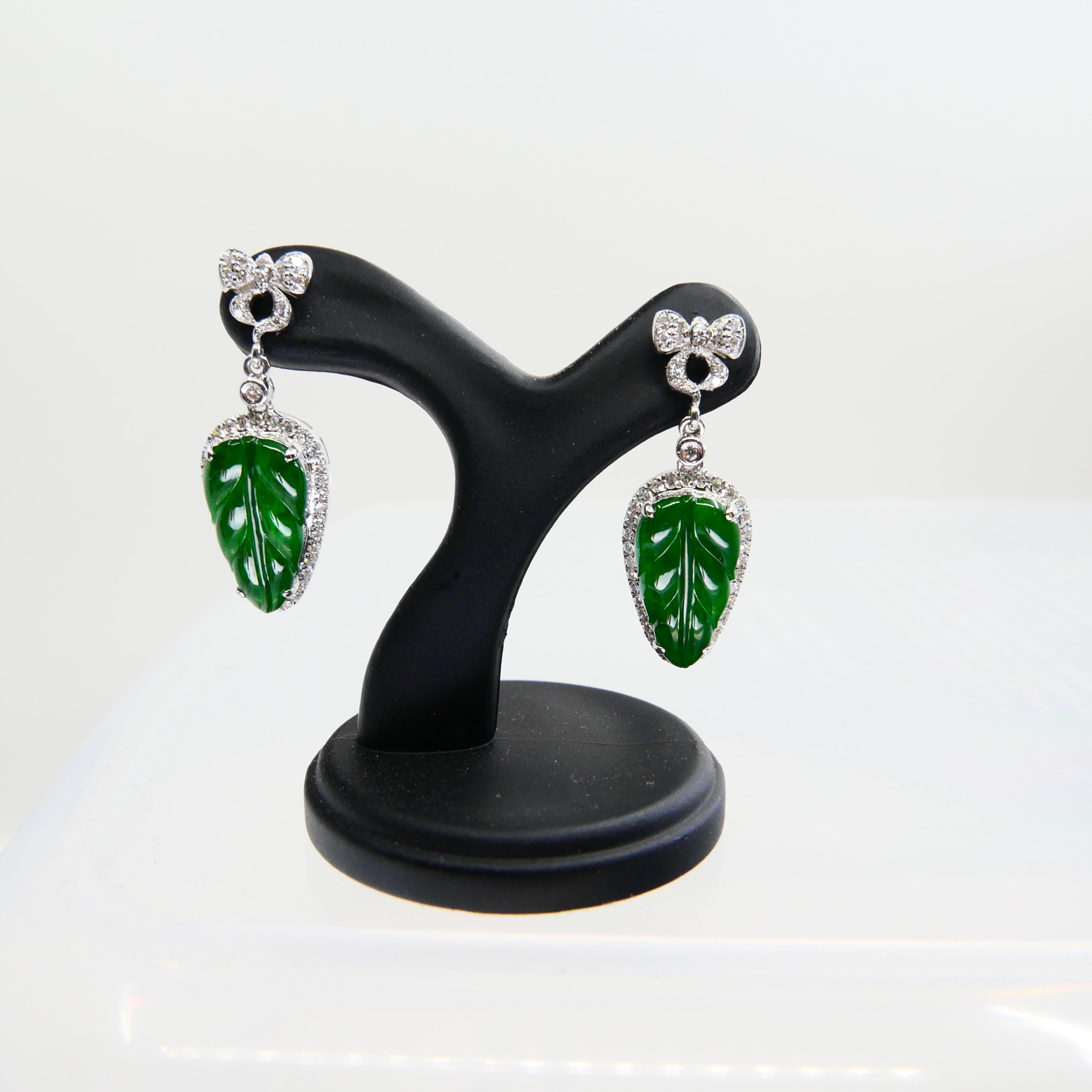 Certified Icy Imperial Green Jade & Diamond Earrings, Collector's Quality For Sale 7