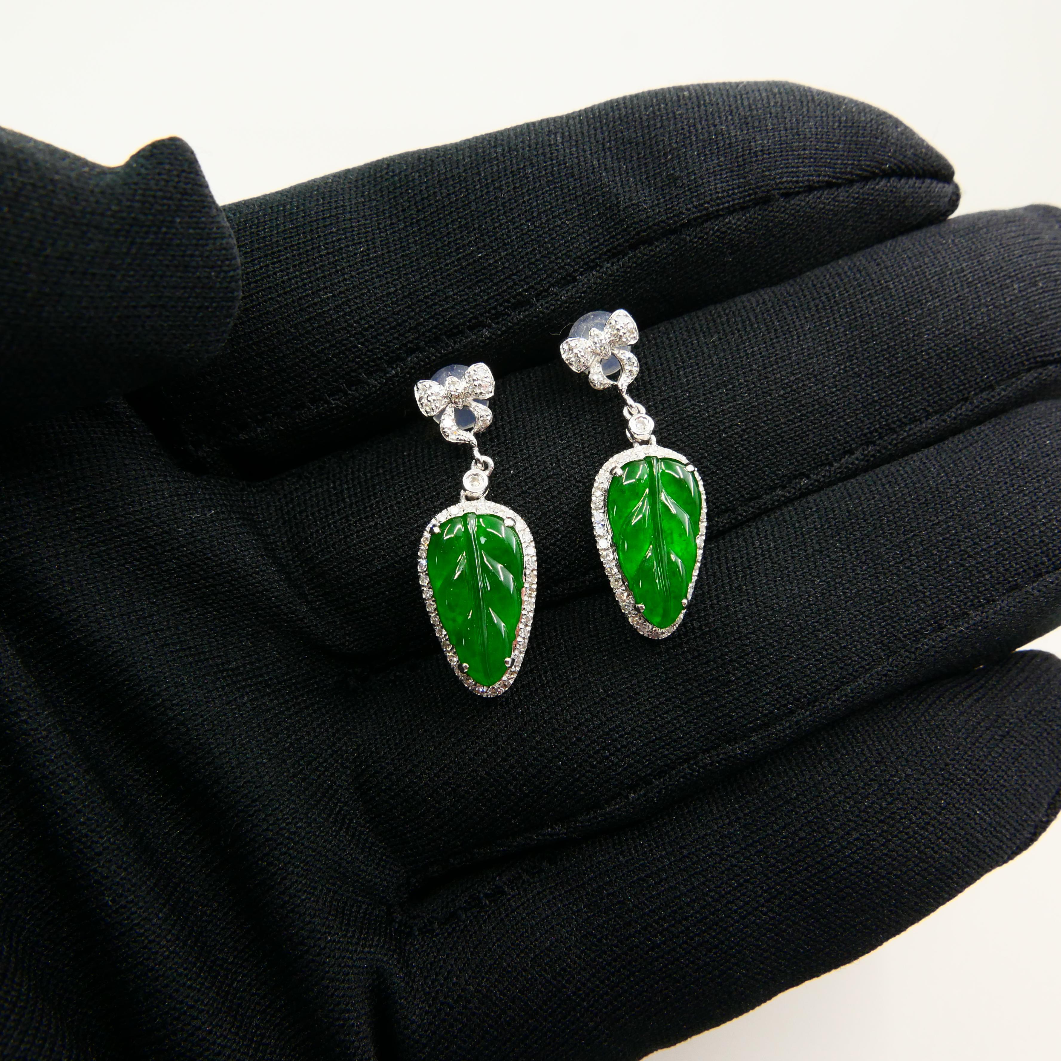 Certified Icy Imperial Green Jade & Diamond Earrings, Collector's Quality For Sale 8