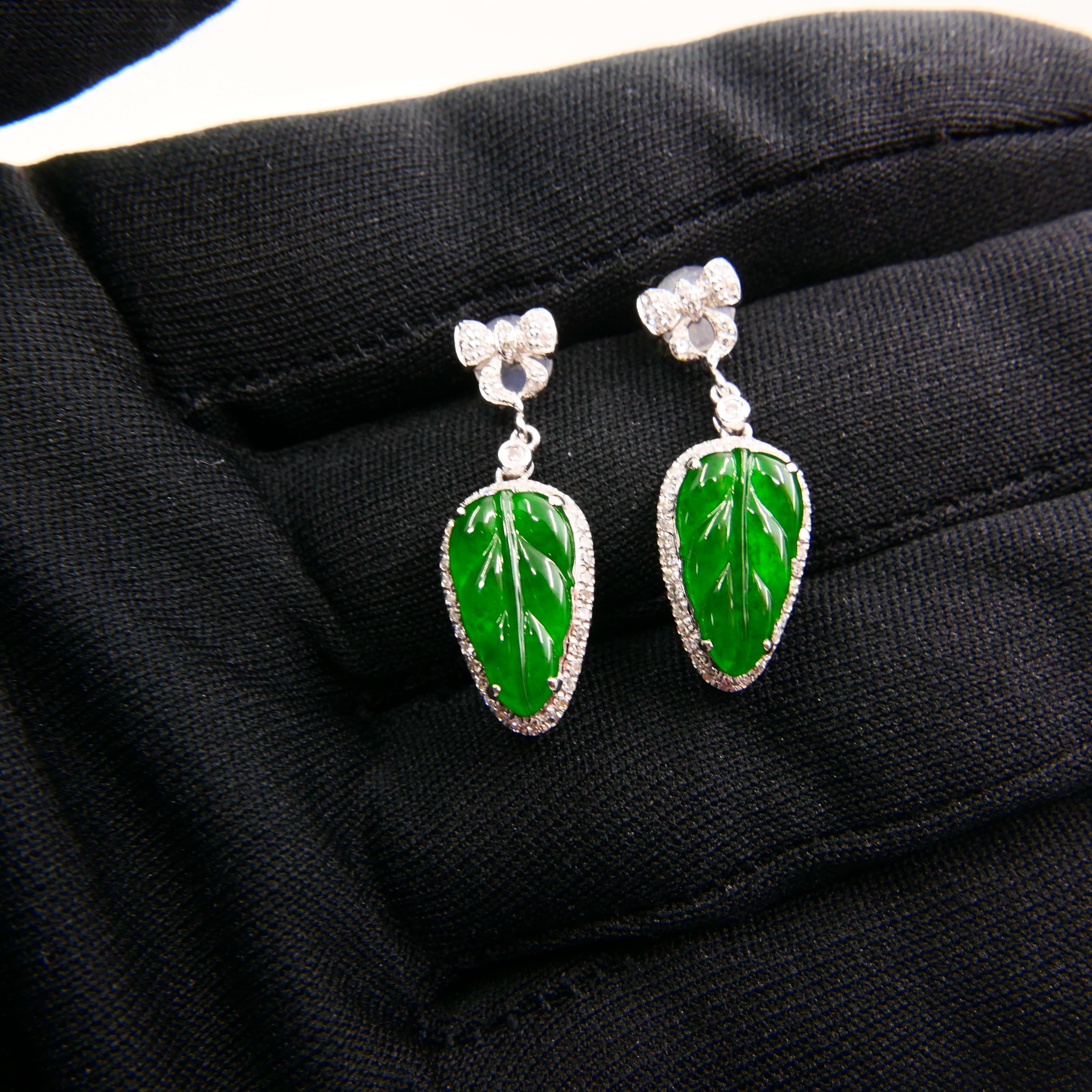 Certified Icy Imperial Green Jade & Diamond Earrings, Collector's Quality For Sale 9
