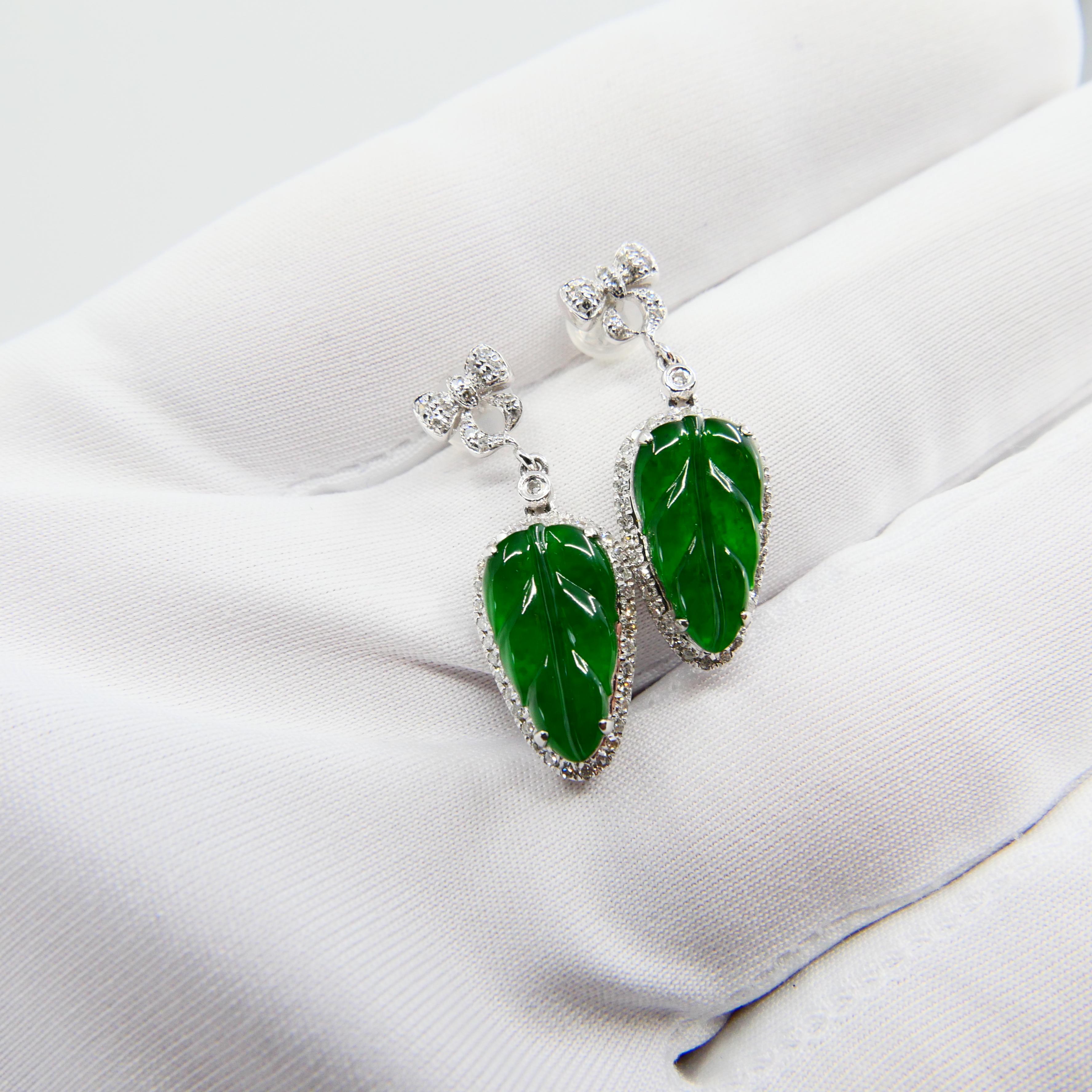 Rough Cut Certified Icy Imperial Green Jade & Diamond Earrings, Collector's Quality For Sale