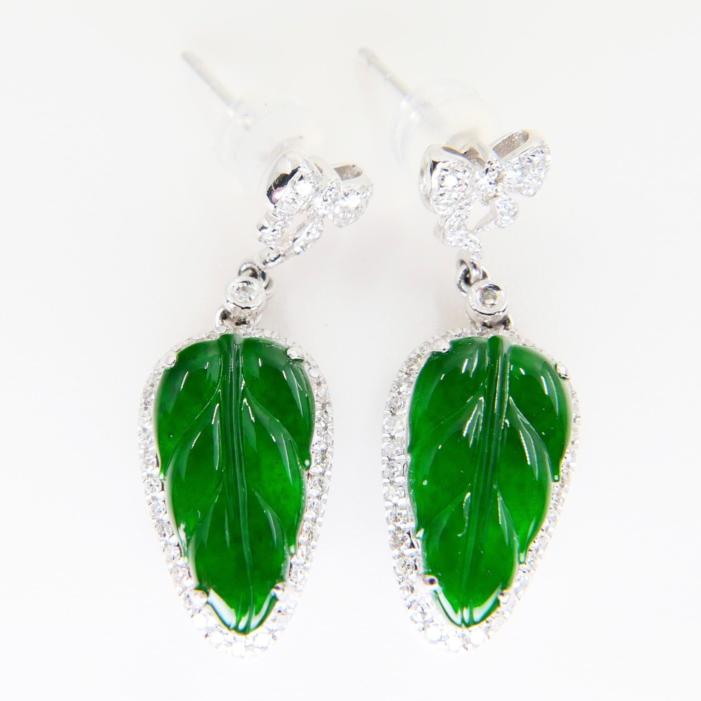 Certified Icy Imperial Green Jade & Diamond Earrings, Collector's Quality For Sale 1