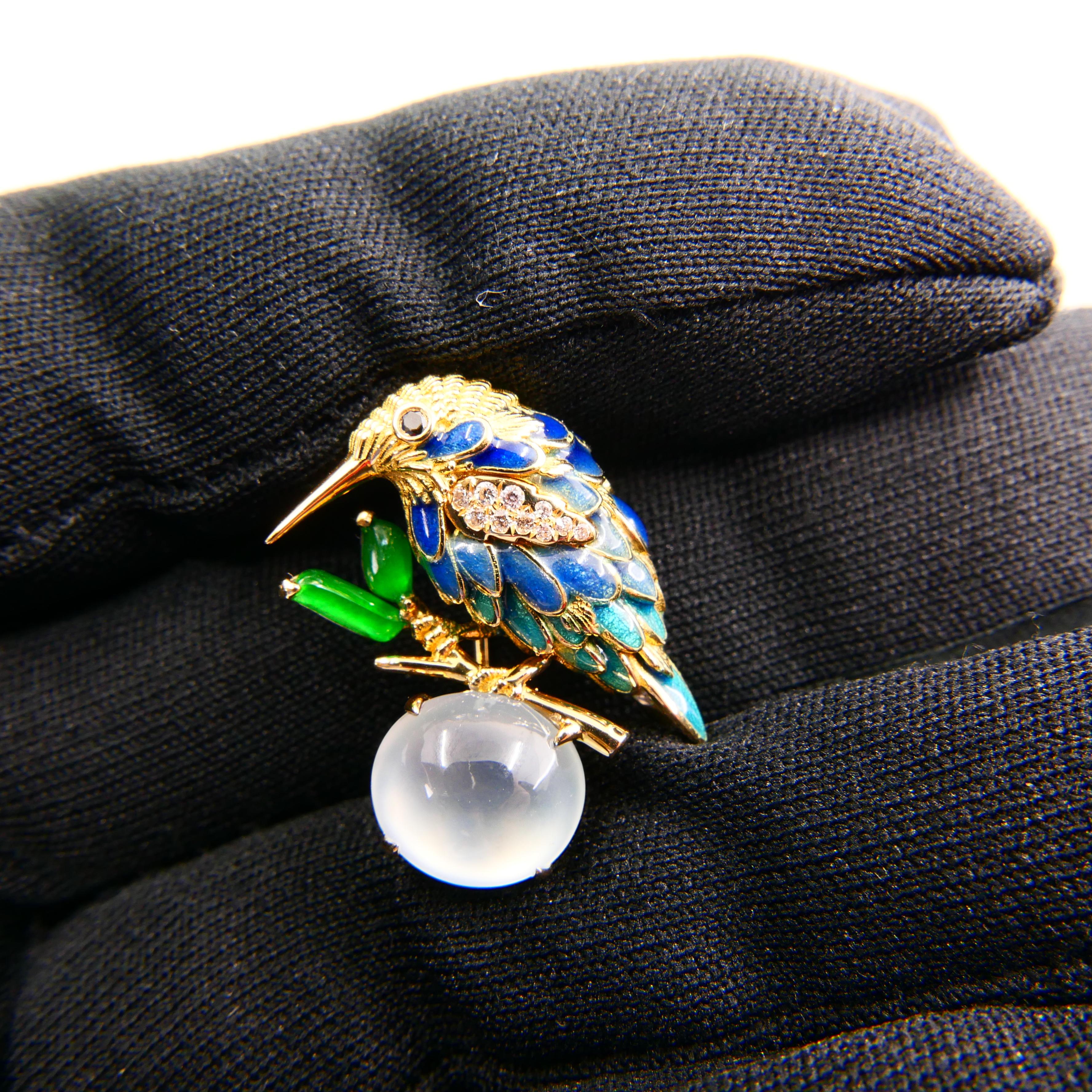 Certified Icy & Imperial Jade Diamond Hummingbird Brooch, Fine Enamel Work For Sale 3
