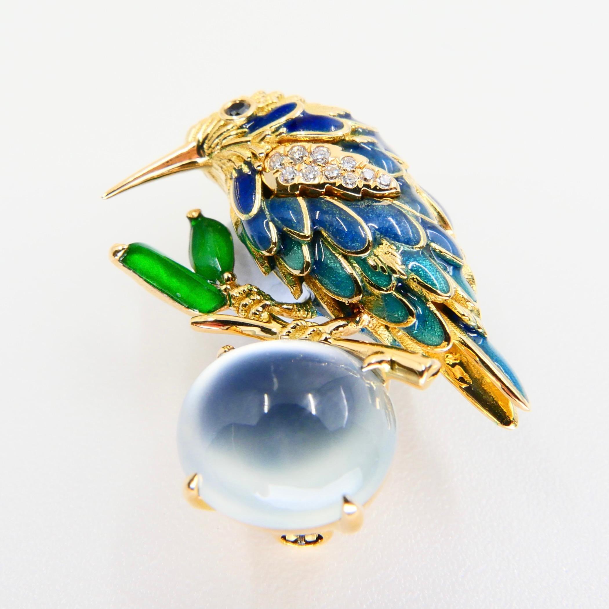 Certified Icy & Imperial Jade Diamond Hummingbird Brooch, Fine Enamel Work For Sale 4