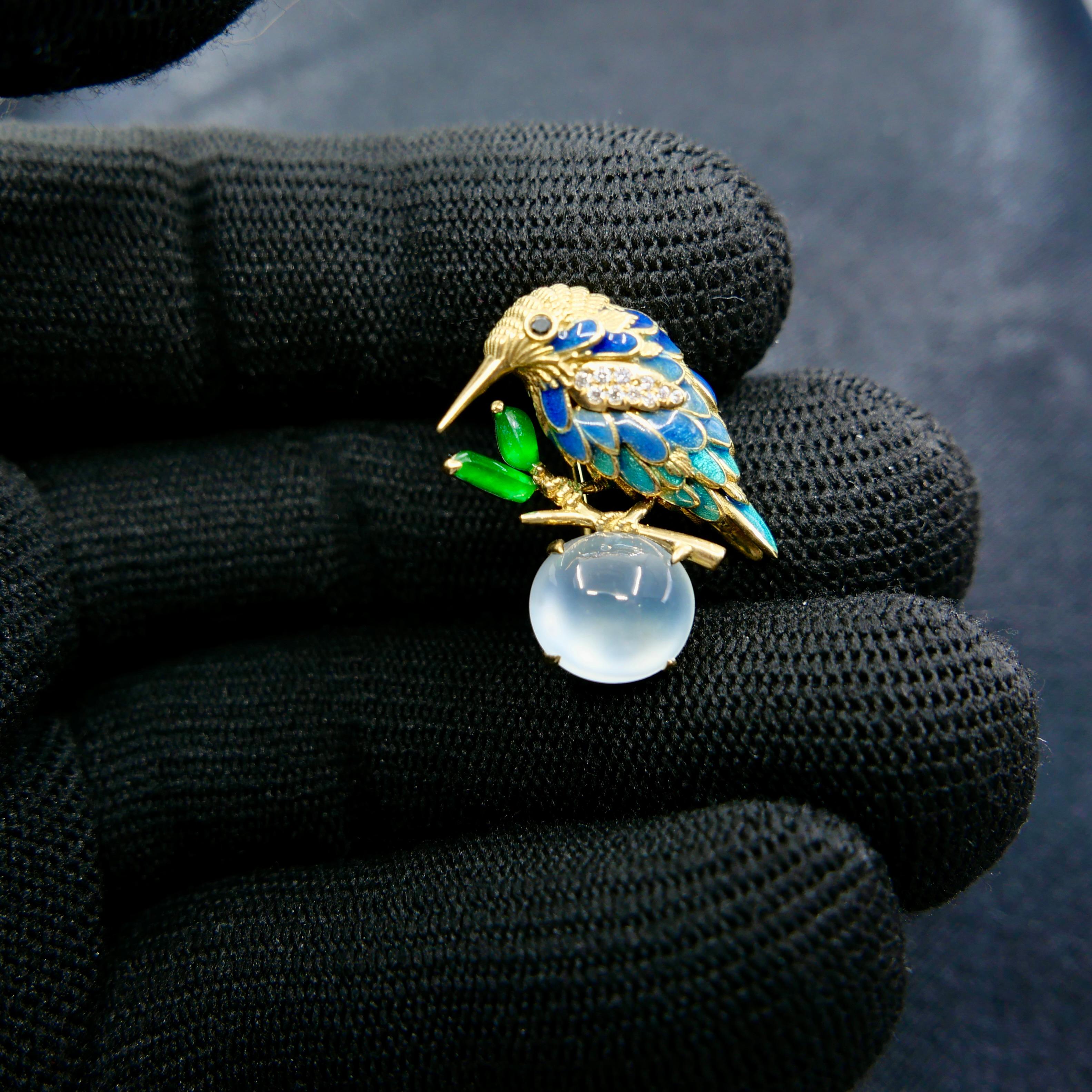 Certified Icy & Imperial Jade Diamond Hummingbird Brooch, Fine Enamel Work For Sale 6