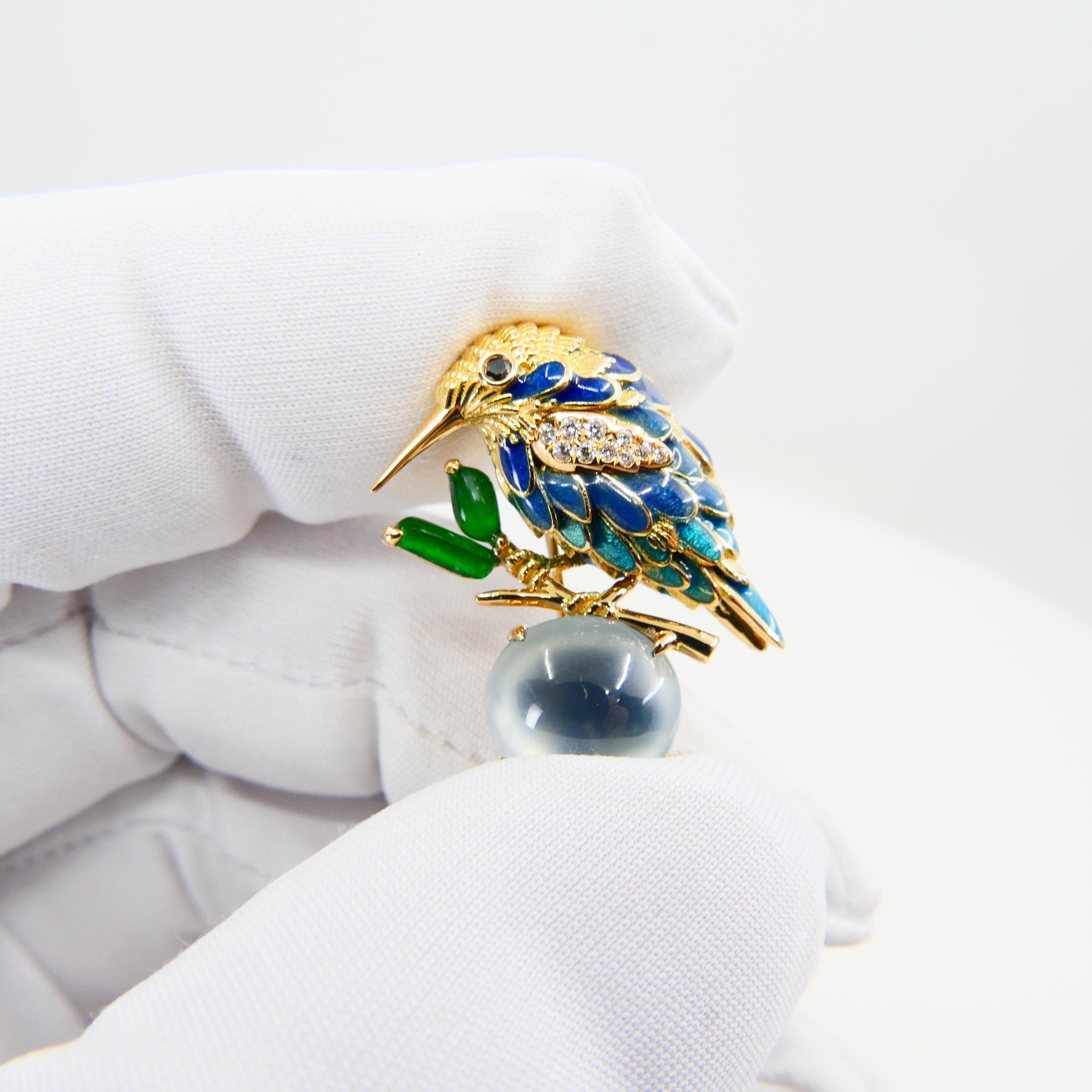 zertifizierte Icy & Imperial Jade Diamant Kolibri Brosche, feine Emaillearbeit im Angebot 11