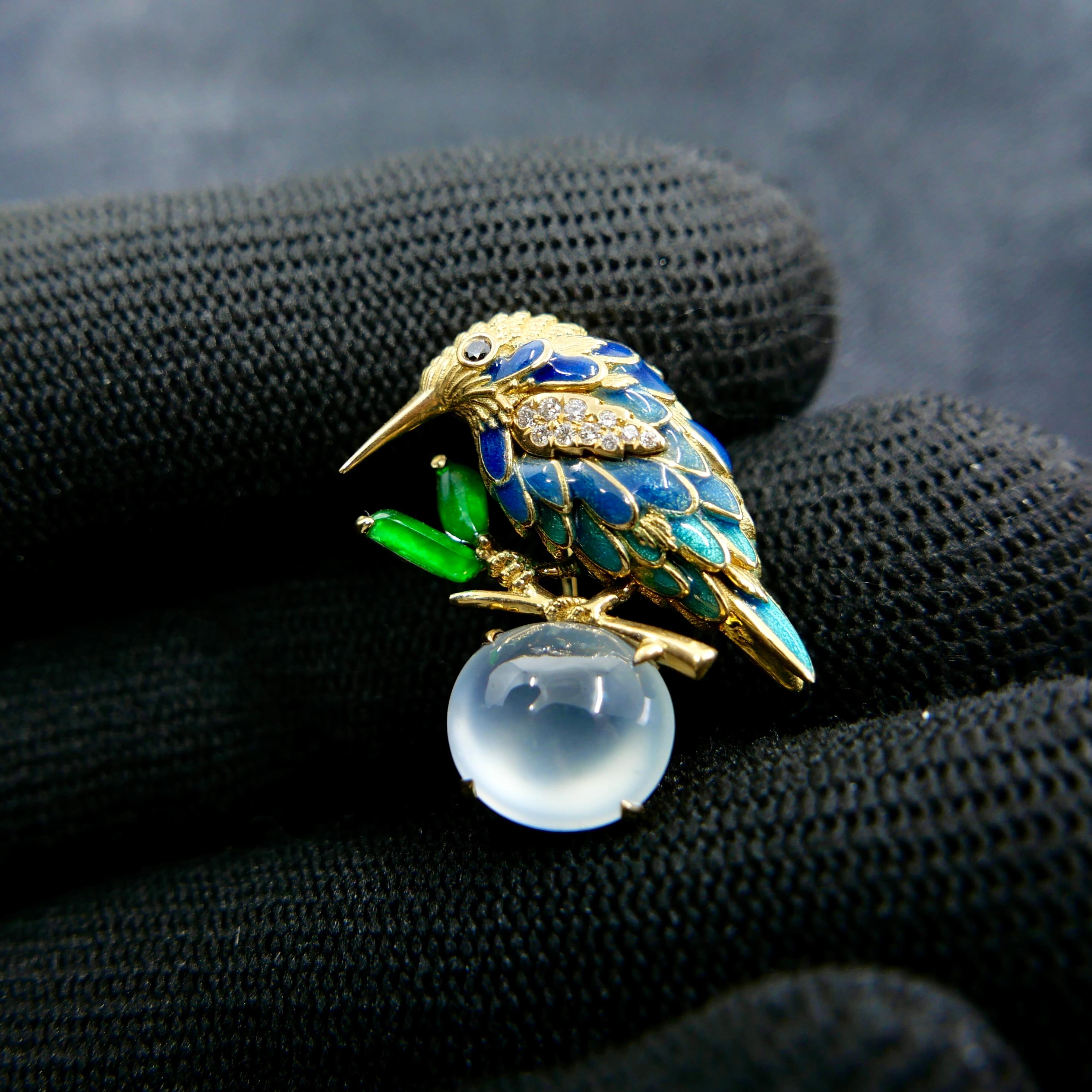 Certified Icy & Imperial Jade Diamond Hummingbird Brooch, Fine Enamel Work For Sale 8