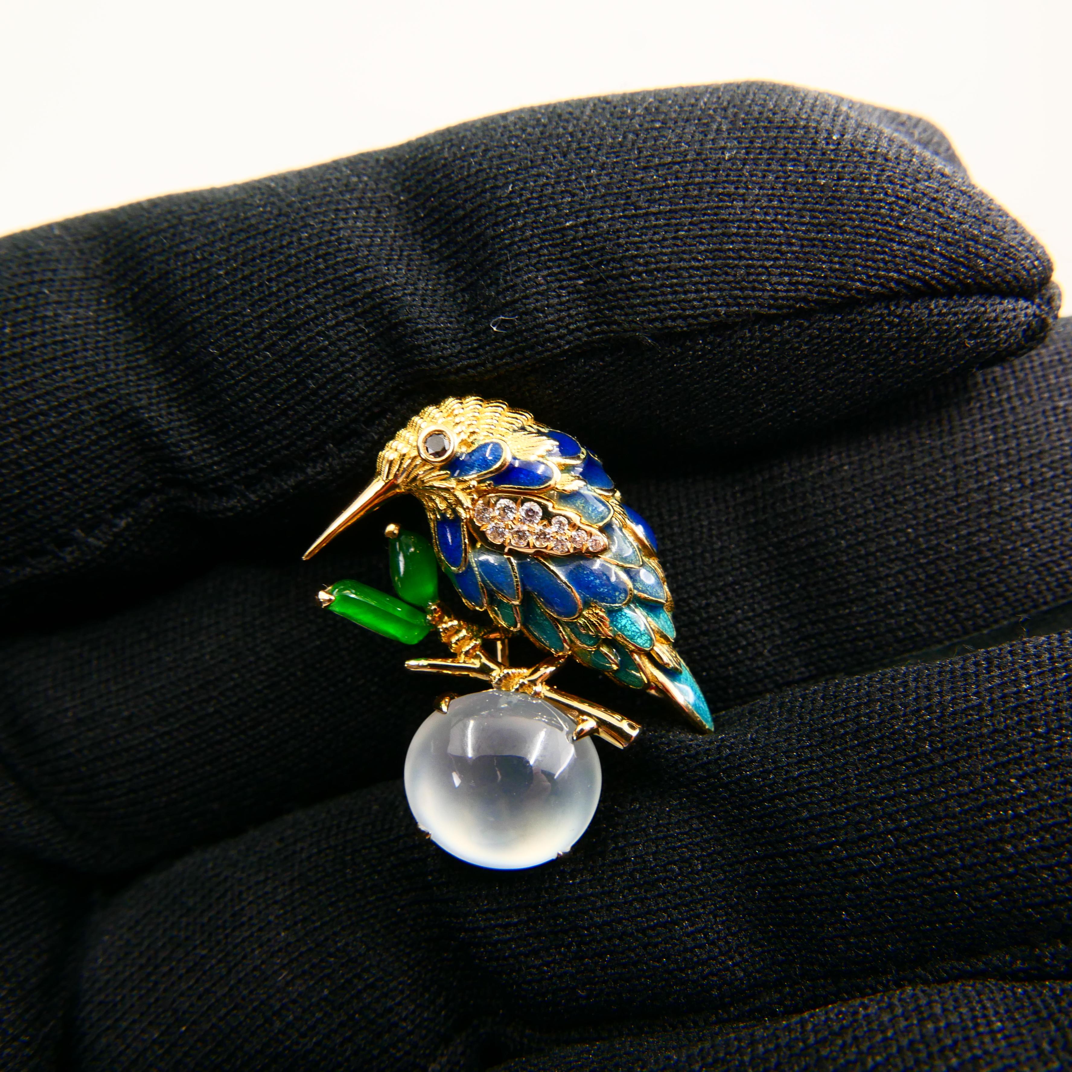Certified Icy & Imperial Jade Diamond Hummingbird Brooch, Fine Enamel Work For Sale 9