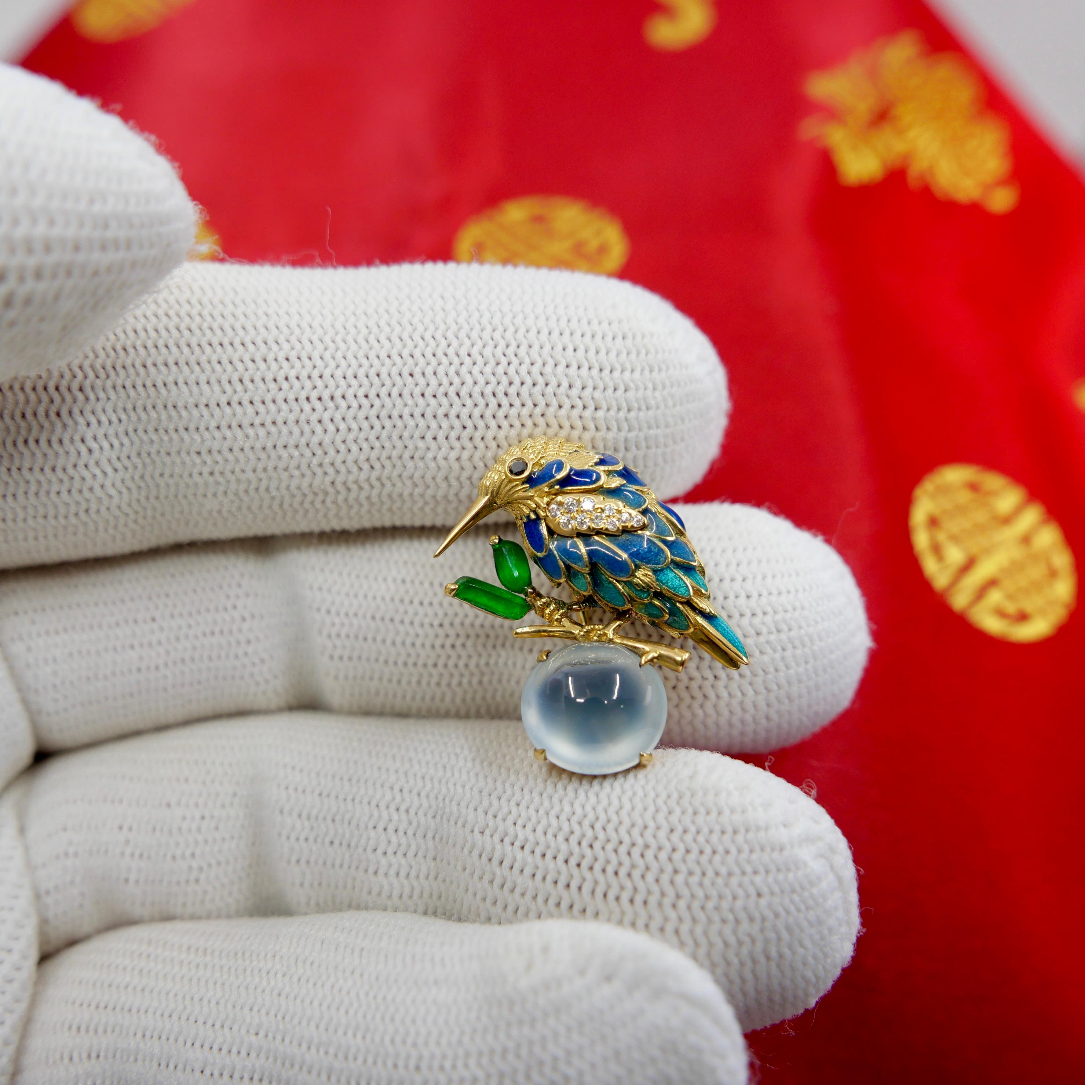 Certified Icy & Imperial Jade Diamond Hummingbird Brooch, Fine Enamel Work For Sale 1