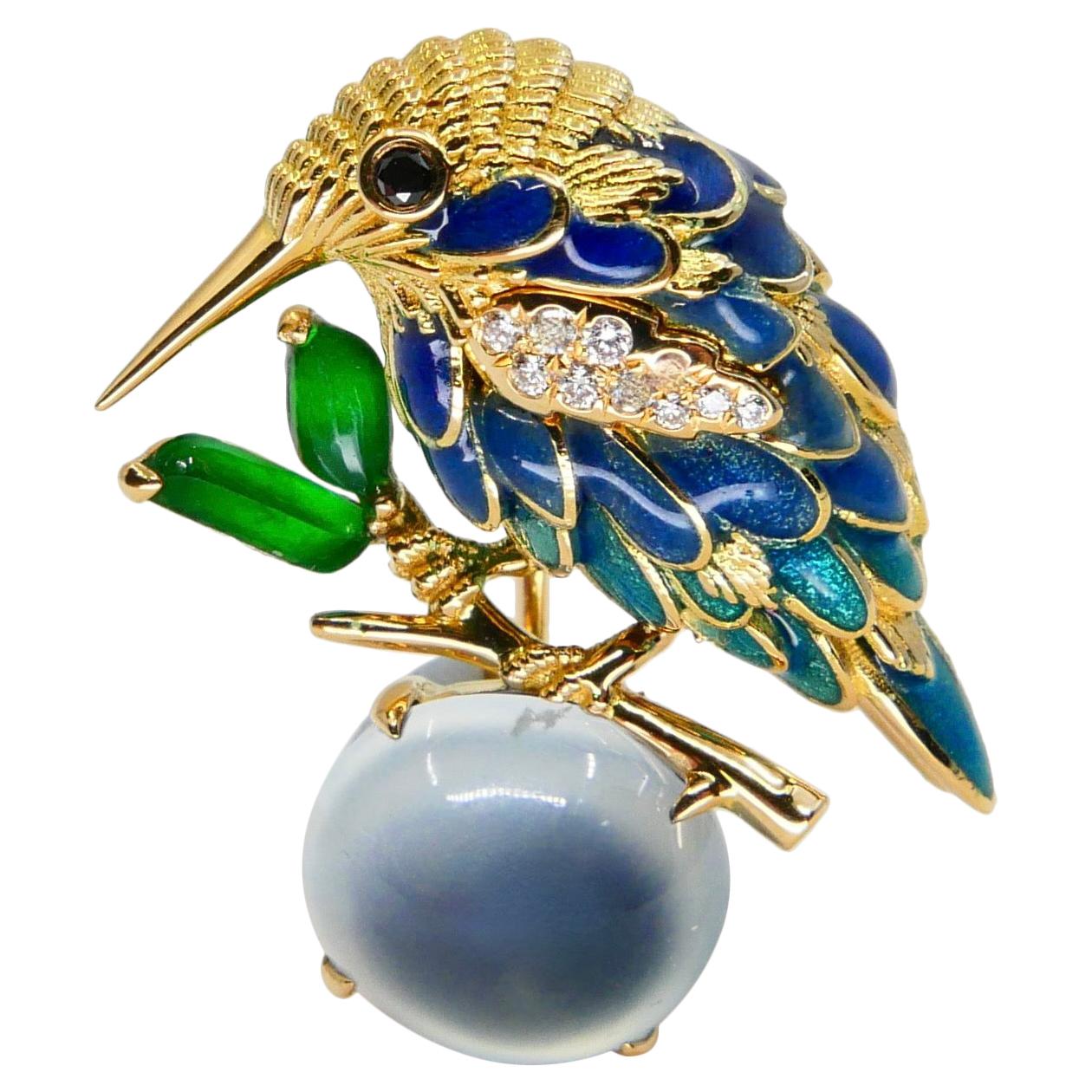 Certified Icy & Imperial Jade Diamond Hummingbird Brooch, Fine Enamel Work For Sale