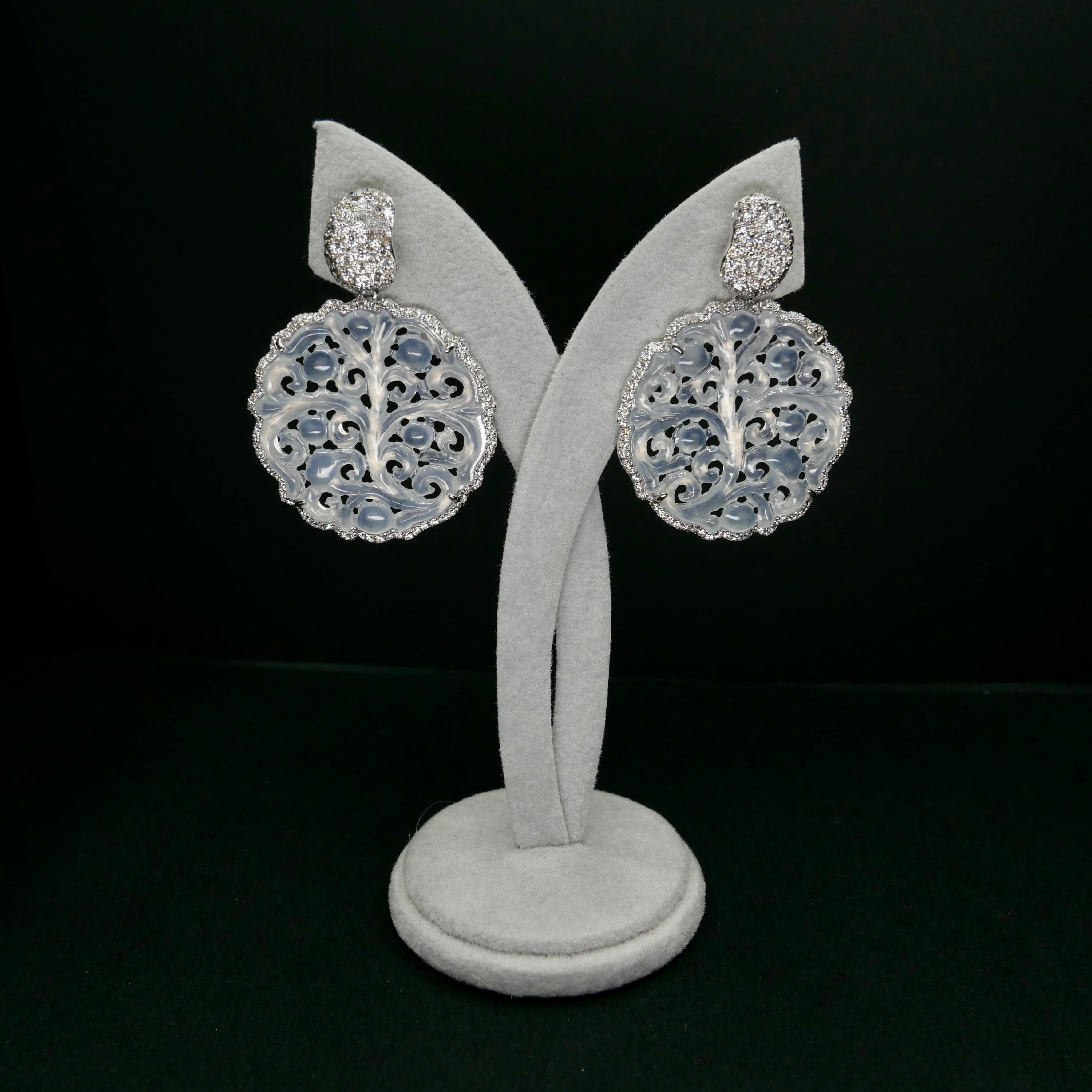 Certified Icy Jade & Diamond Earrings, Colorless, Perfection, Intricate Carving For Sale 5