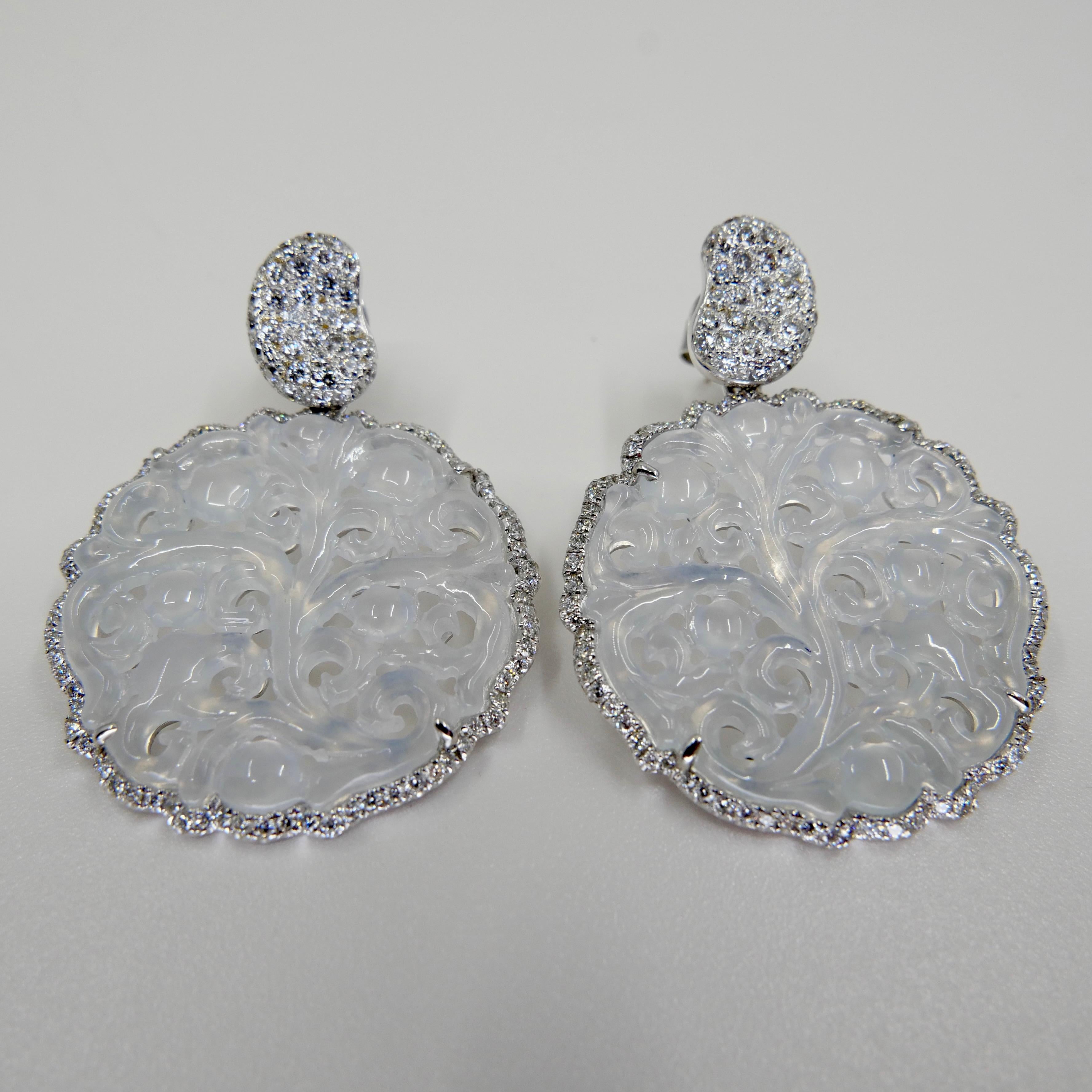Certified Icy Jade & Diamond Earrings, Colorless, Perfection, Intricate Carving For Sale 7