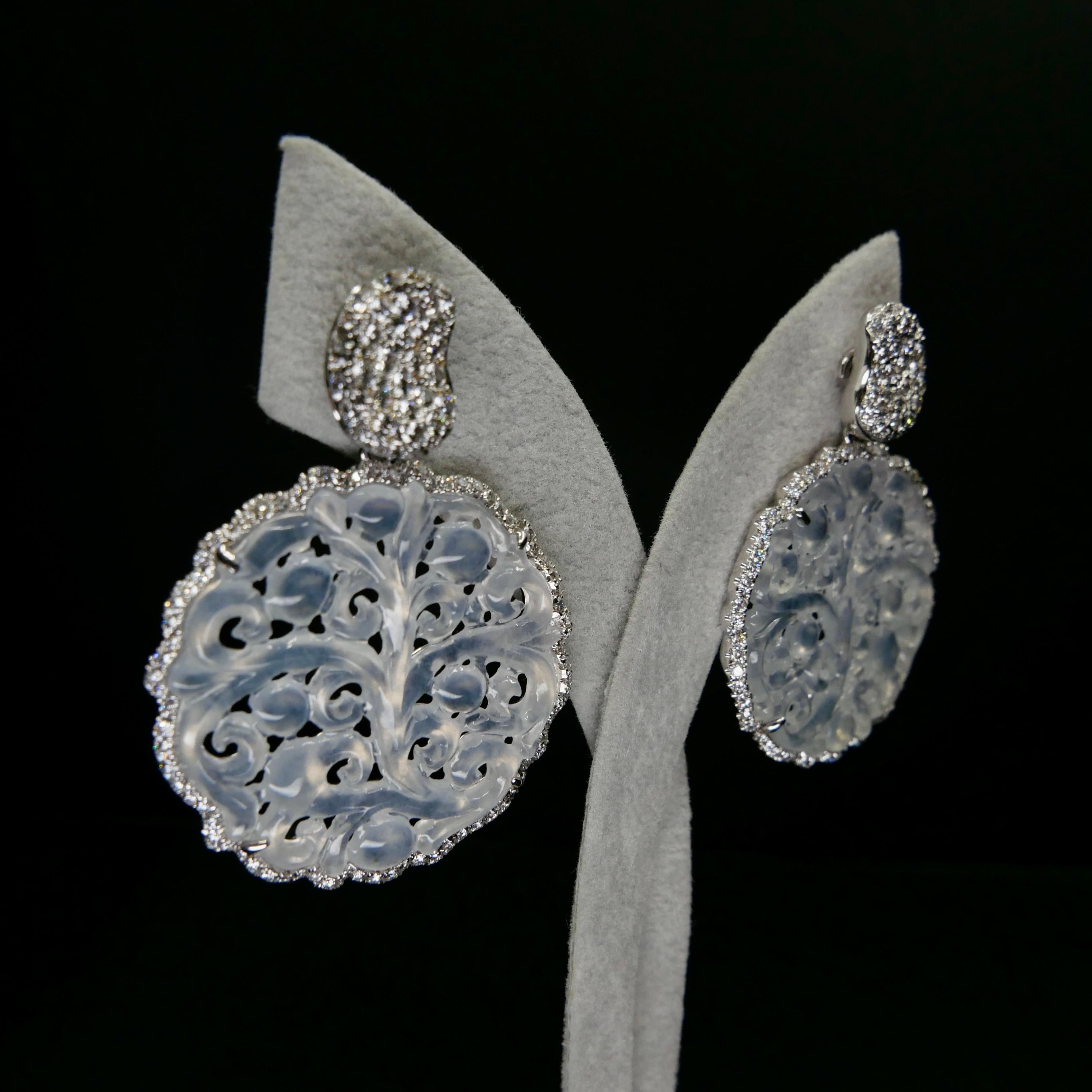 Certified Icy Jade & Diamond Earrings, Colorless, Perfection, Intricate Carving For Sale 8