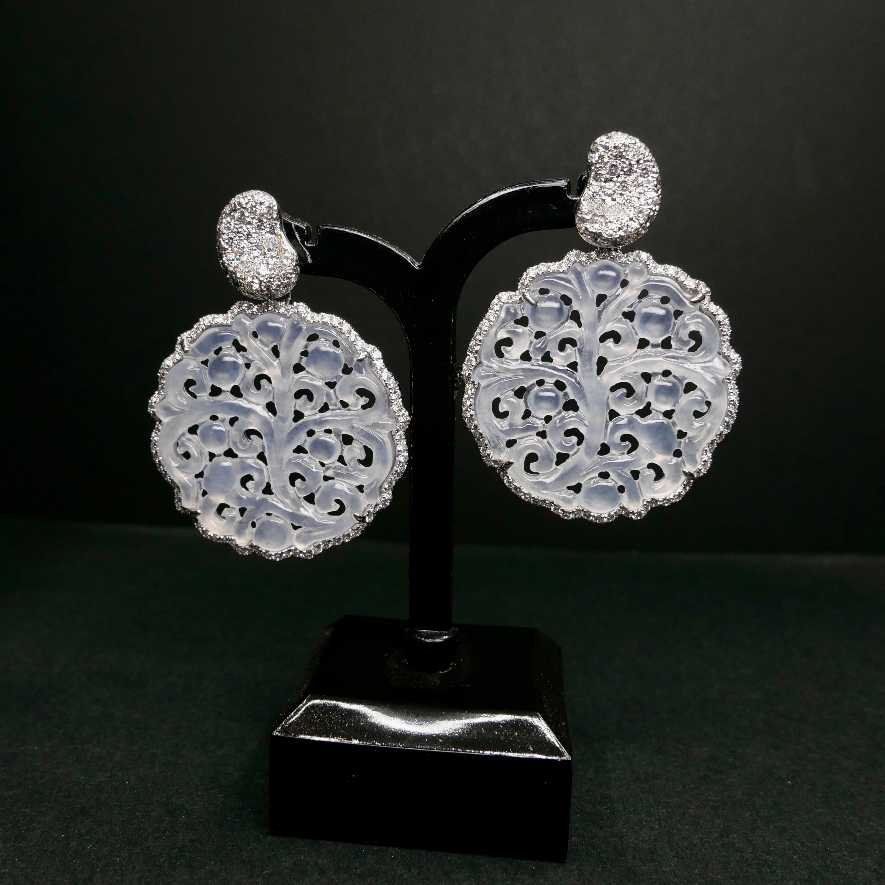 Certified Icy Jade & Diamond Earrings, Colorless, Perfection, Intricate Carving For Sale 10
