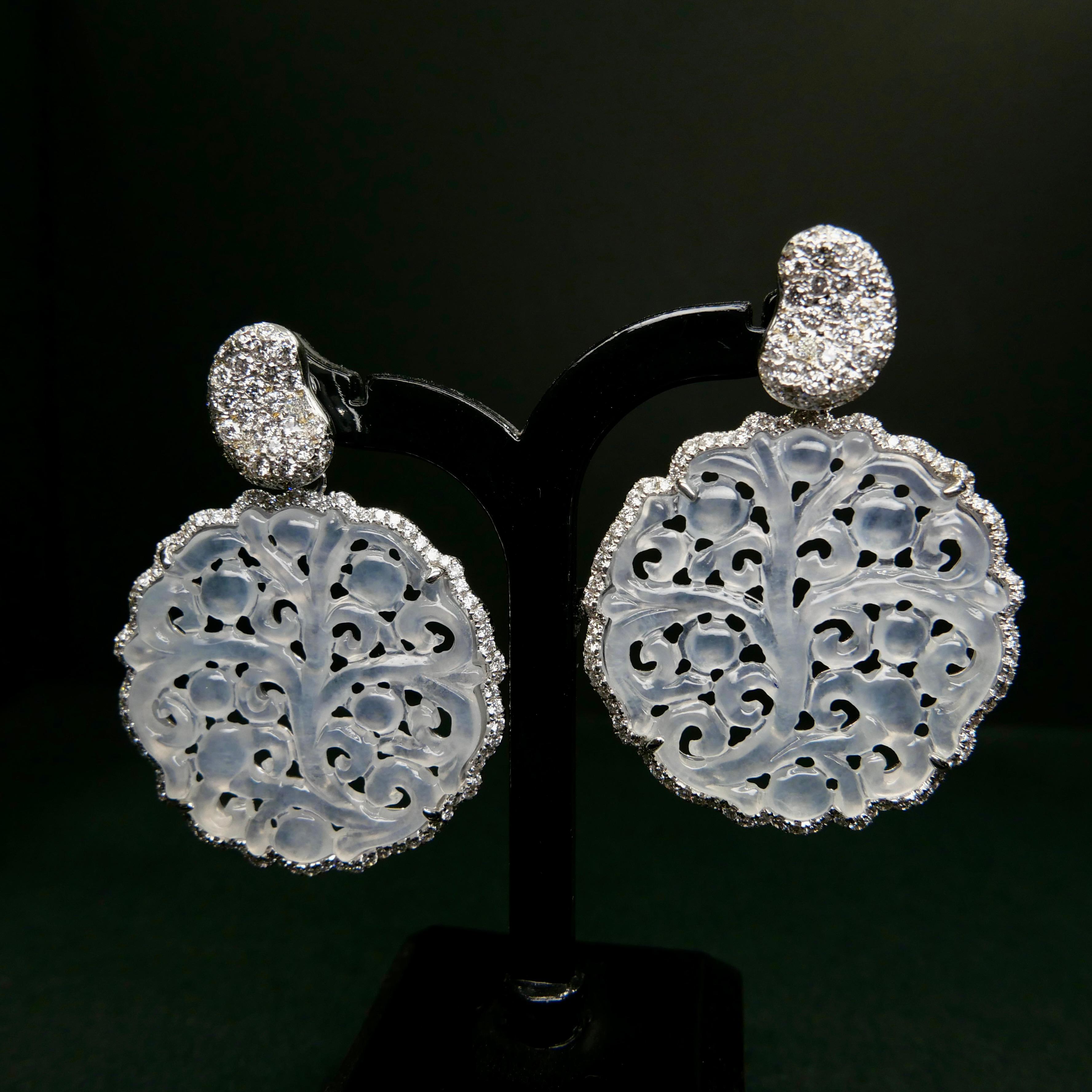 Certified Icy Jade & Diamond Earrings, Colorless, Perfection, Intricate Carving For Sale 11