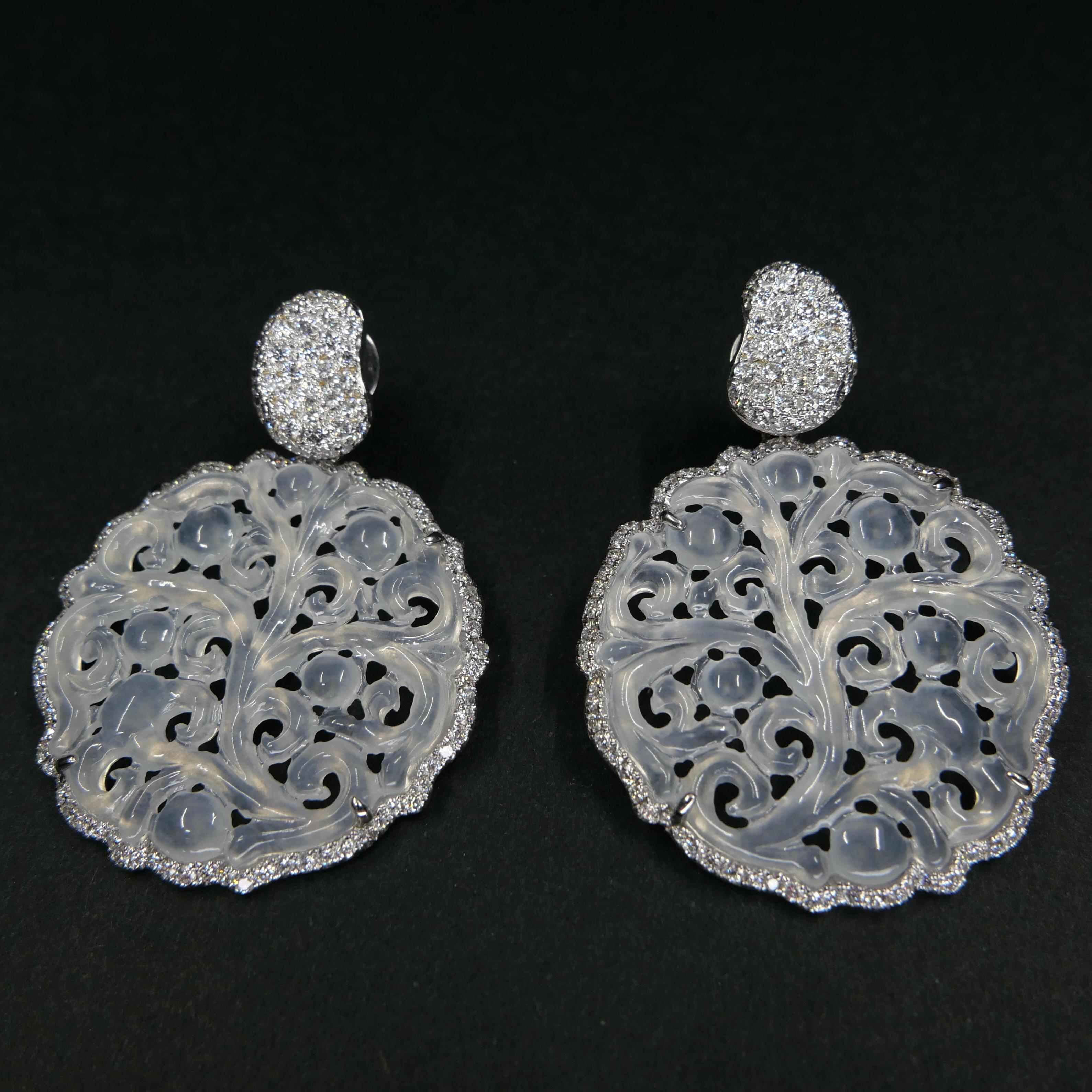 Certified Icy Jade & Diamond Earrings, Colorless, Perfection, Intricate Carving For Sale 12