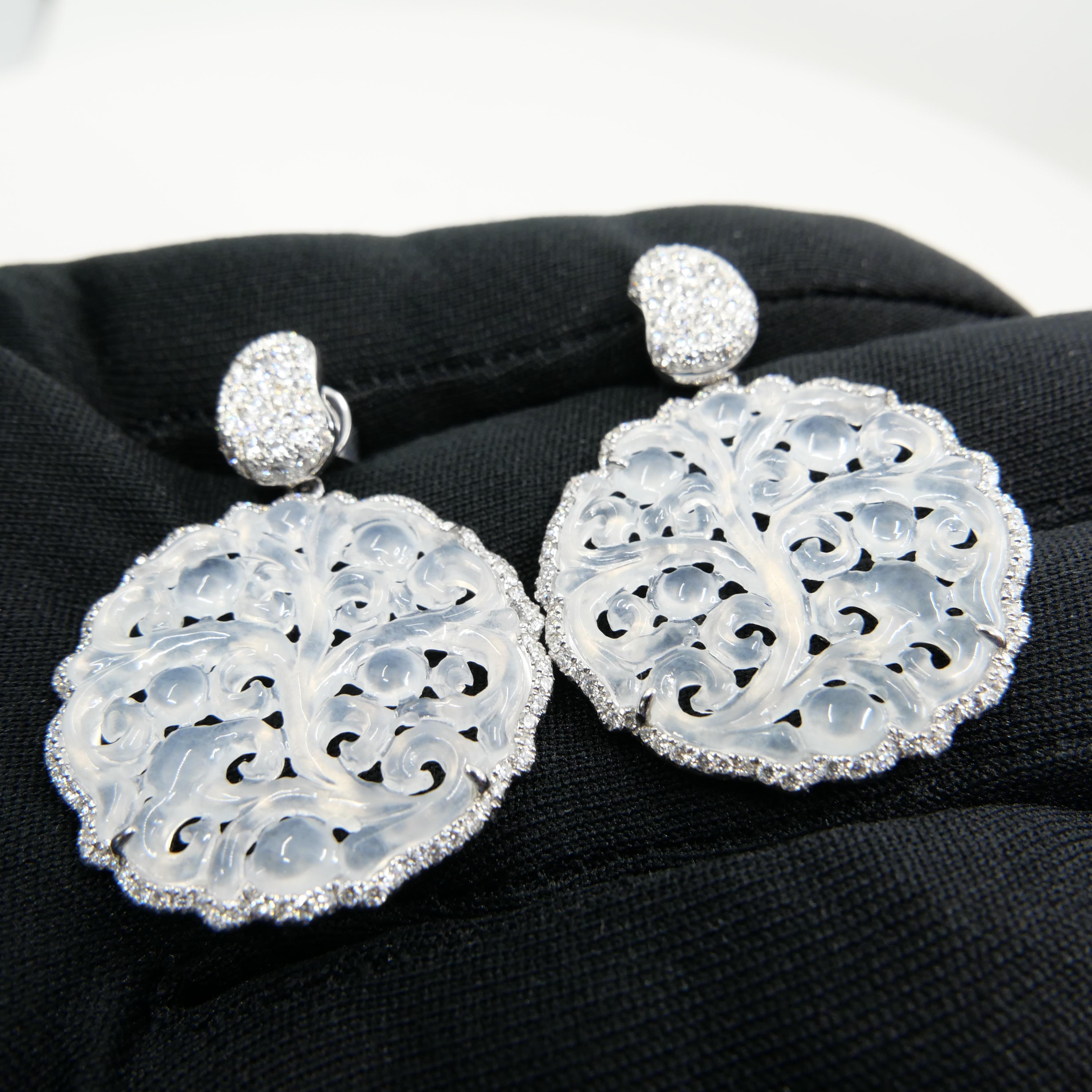 Certified Icy Jade & Diamond Earrings, Colorless, Perfection, Intricate Carving For Sale 13