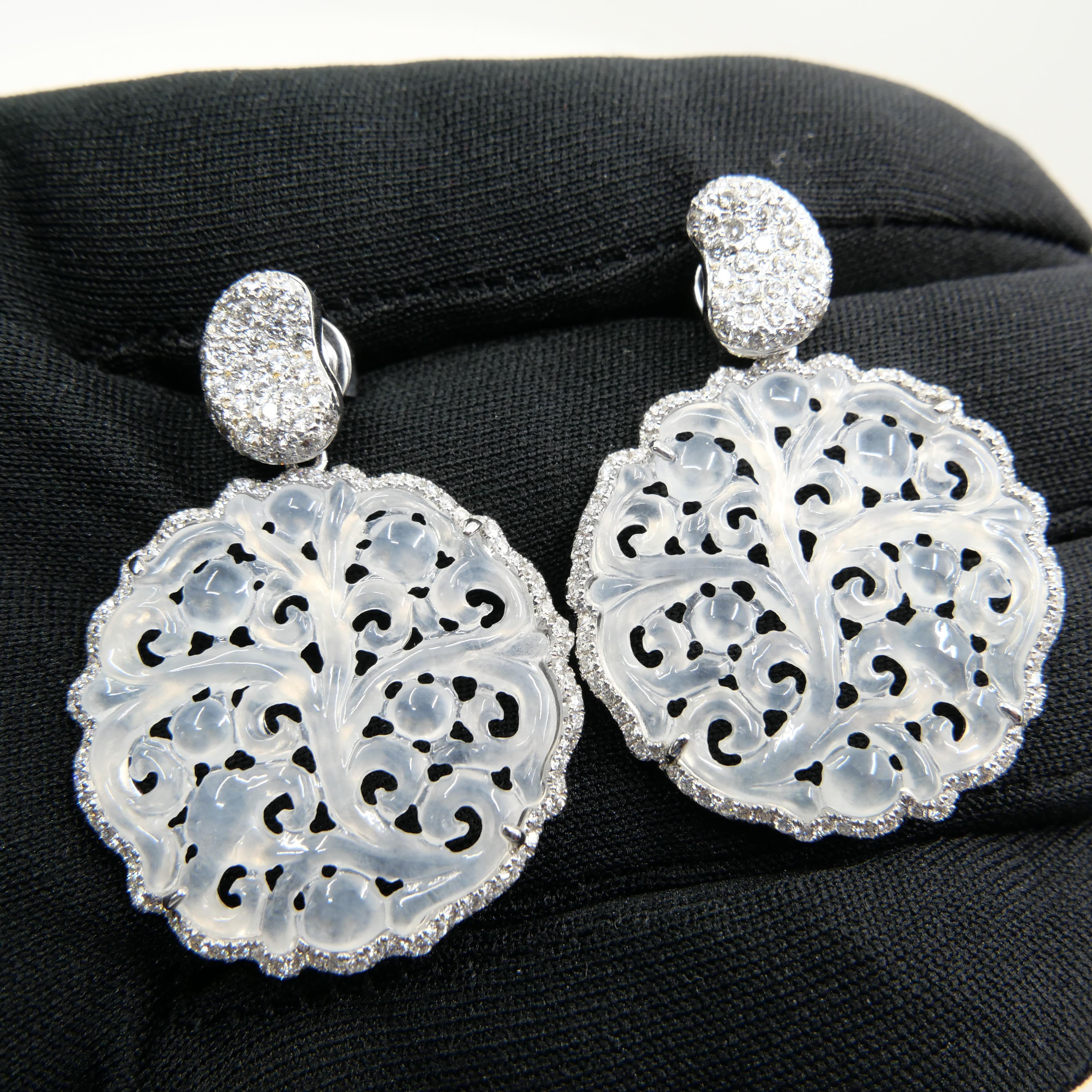 Certified Icy Jade & Diamond Earrings, Colorless, Perfection, Intricate Carving For Sale 3