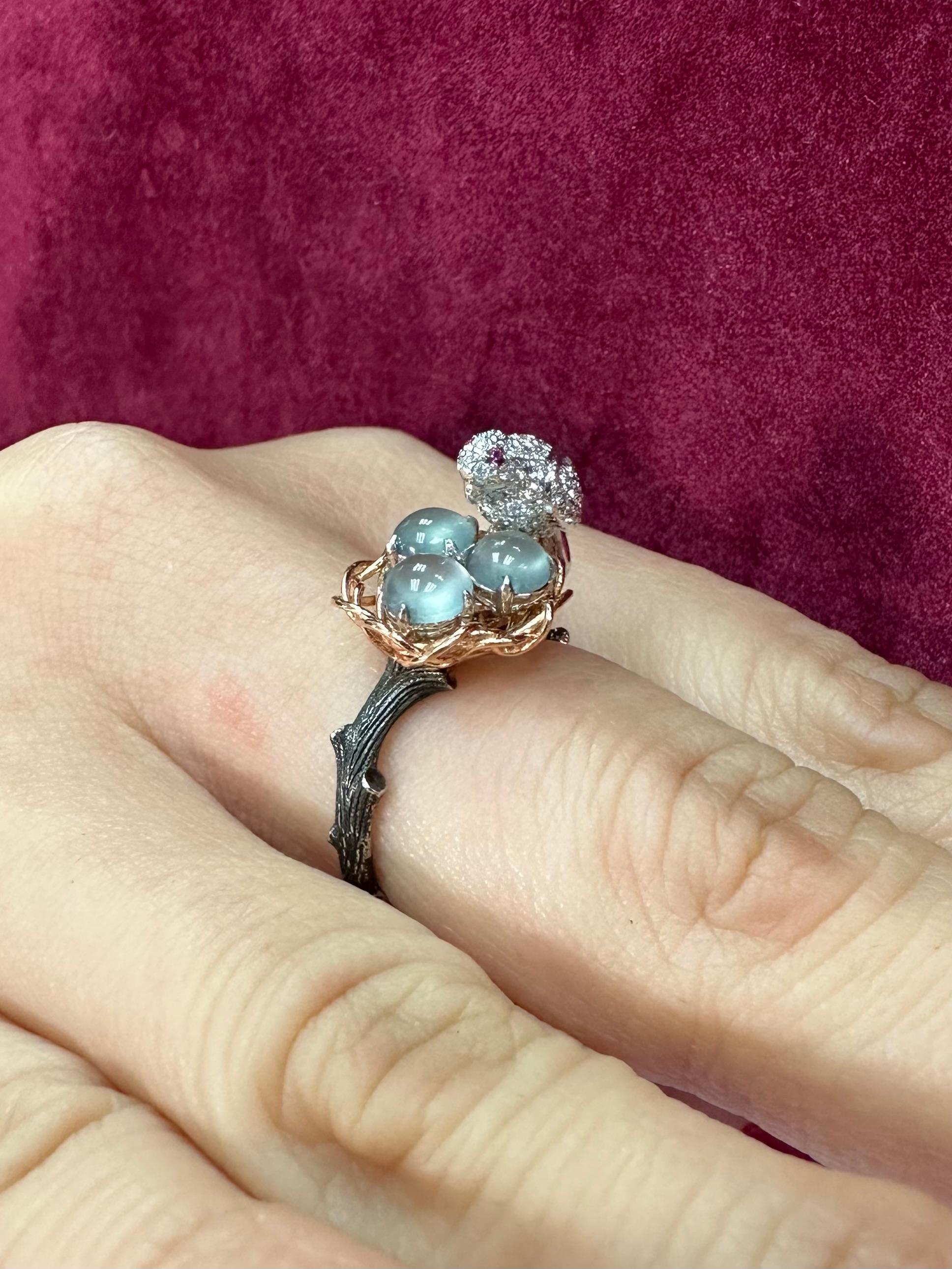 Certified Icy Jadeite Jade and Diamond Cocktail Ring, Bird in Golden Nest For Sale 3