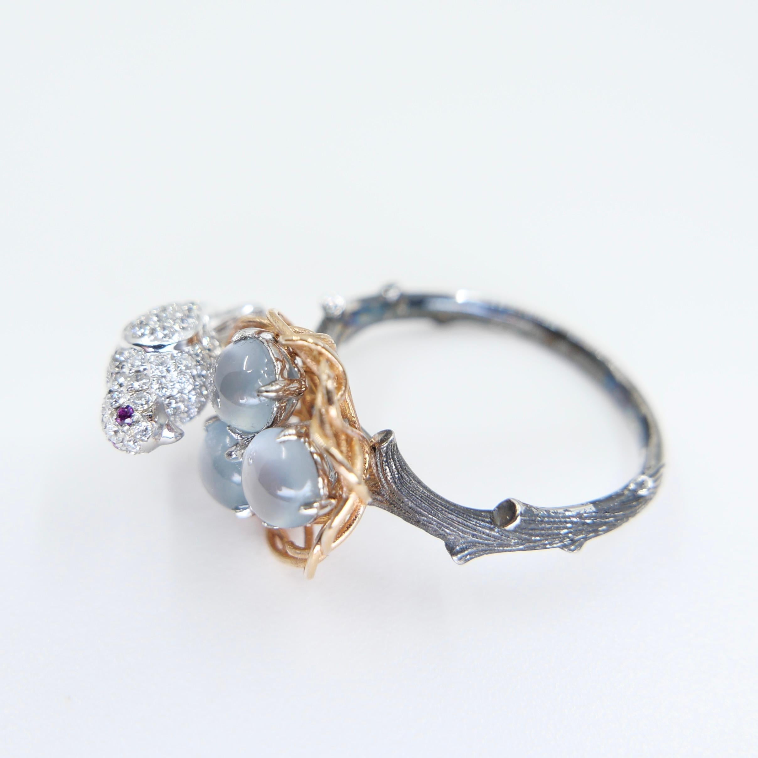 Certified Icy Jadeite Jade and Diamond Cocktail Ring, Bird in Golden Nest For Sale 4
