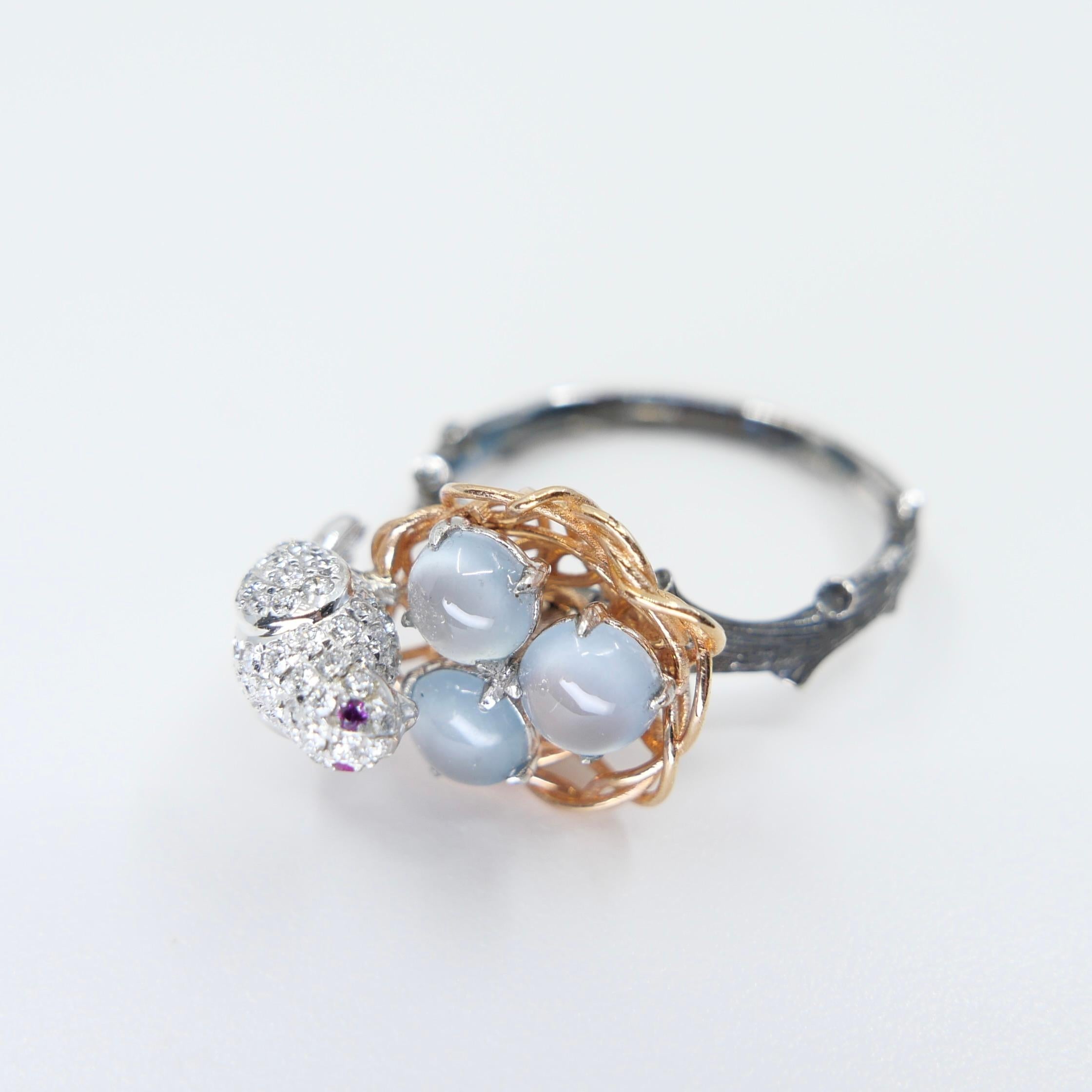 Certified Icy Jadeite Jade and Diamond Cocktail Ring, Bird in Golden Nest For Sale 9