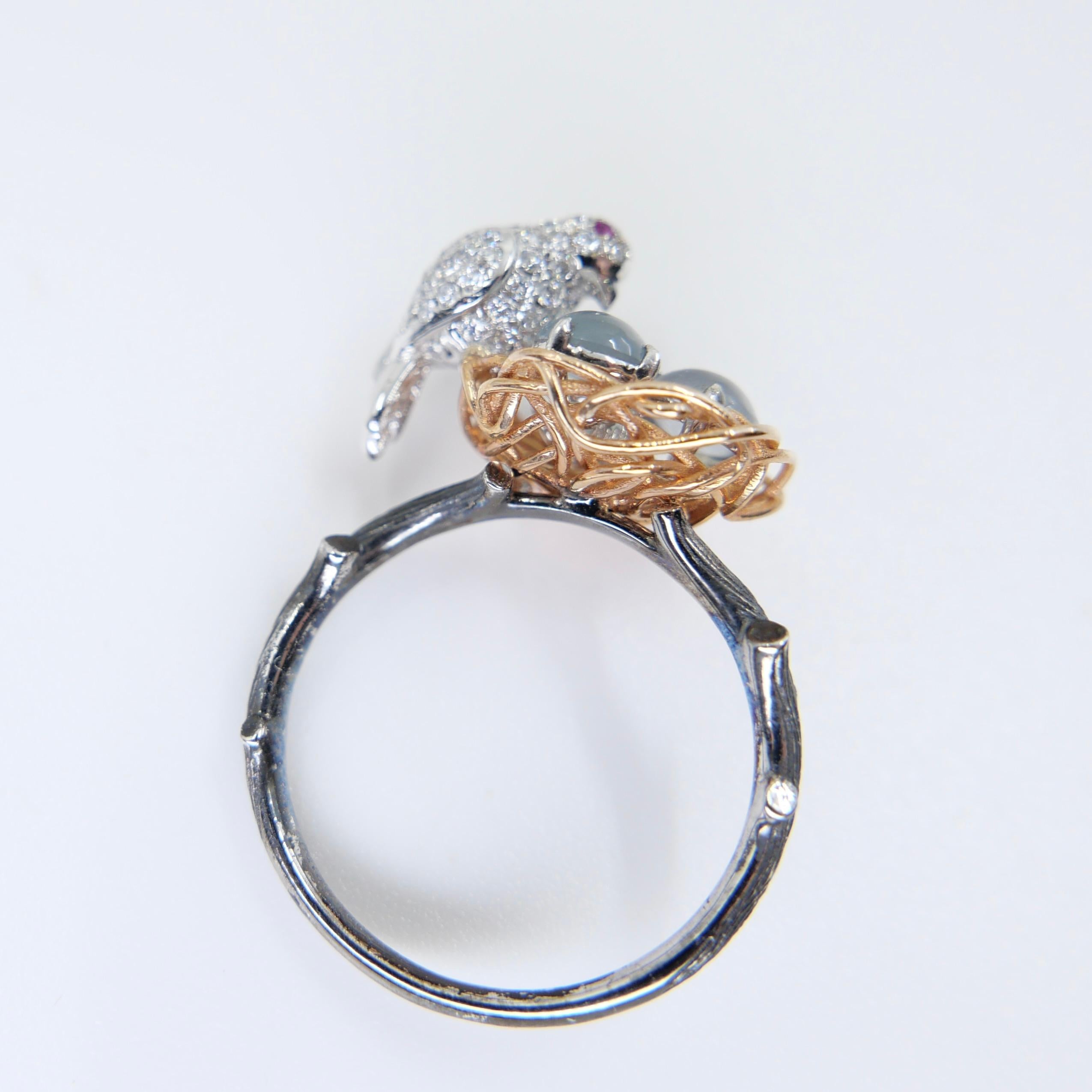 Certified Icy Jadeite Jade and Diamond Cocktail Ring, Bird in Golden Nest For Sale 1