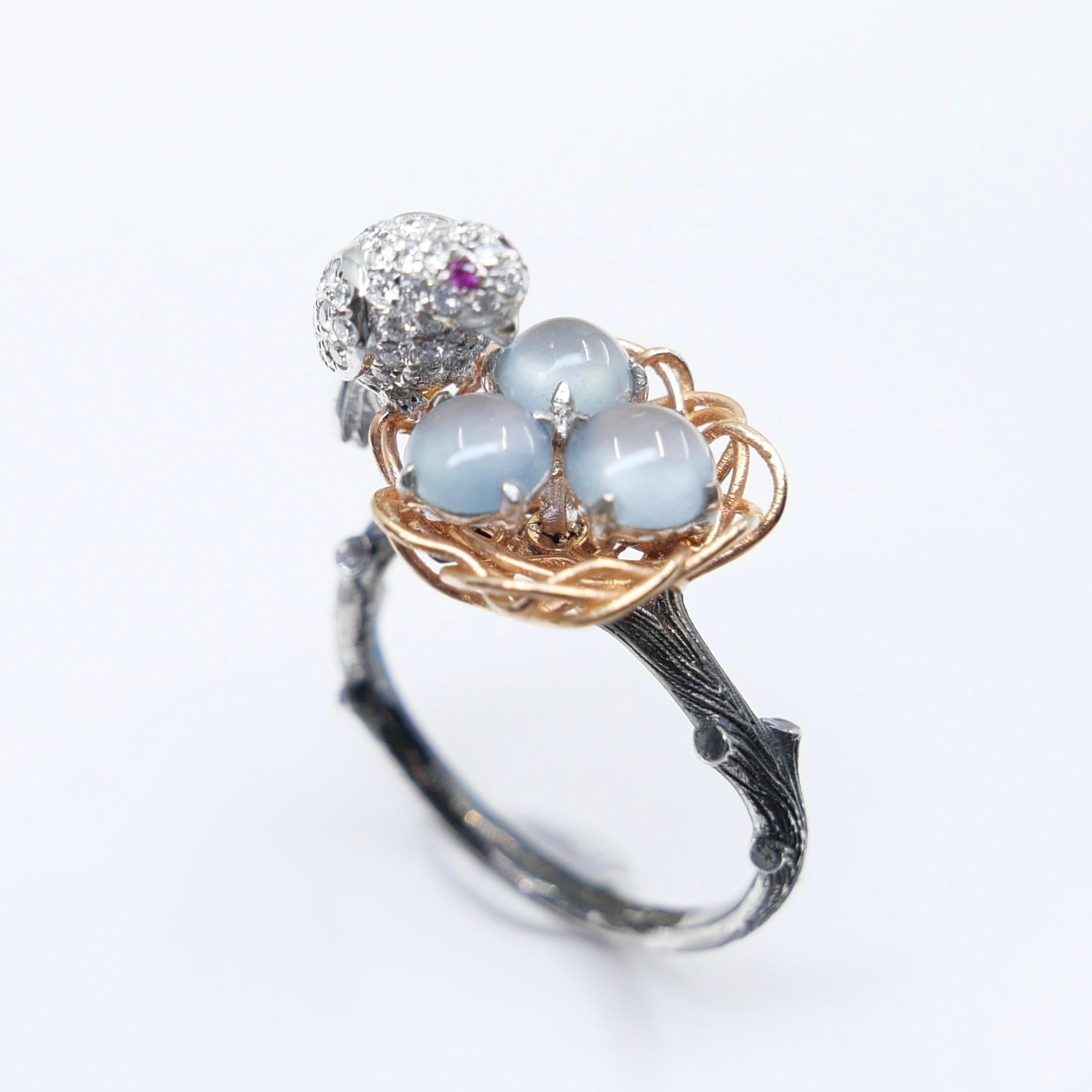 Certified Icy Jadeite Jade and Diamond Cocktail Ring, Bird in Golden Nest For Sale 10