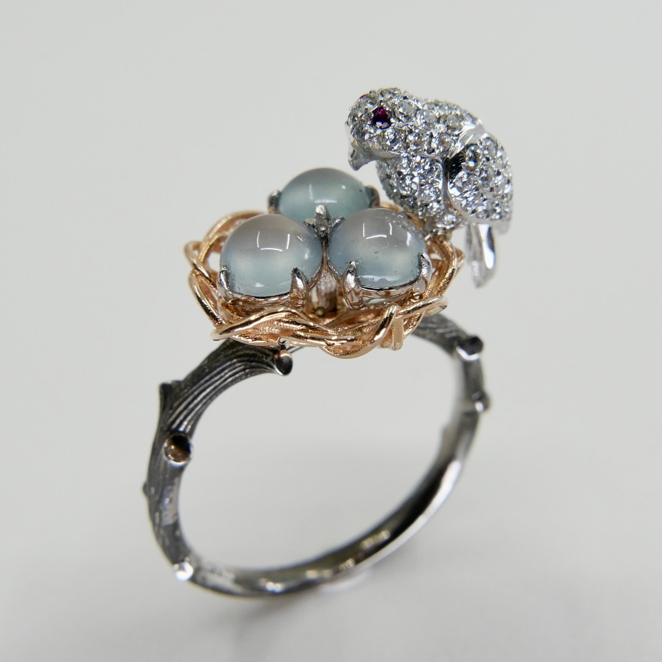 Cabochon Certified Icy Jadeite Jade and Diamond Cocktail Ring, Bird in Golden Nest For Sale