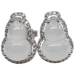 Certified Icy Jadeite Jade Gourd and Diamond Earrings, Colorless, Perfection
