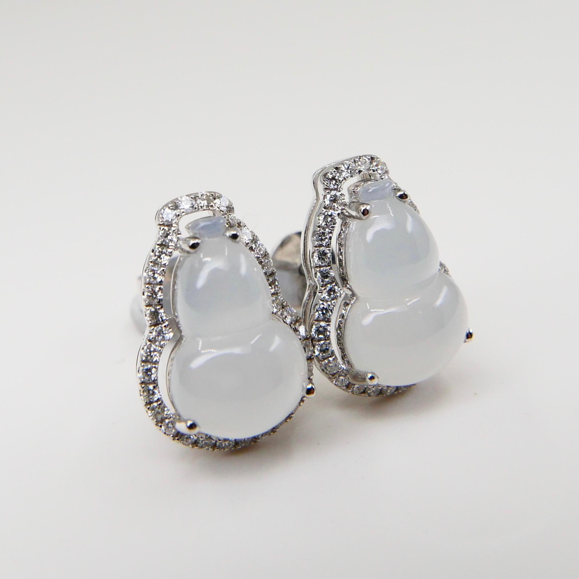 Certified Icy Jadeite Jade Gourd and Diamond Earrings, Colorless, Perfection For Sale 3