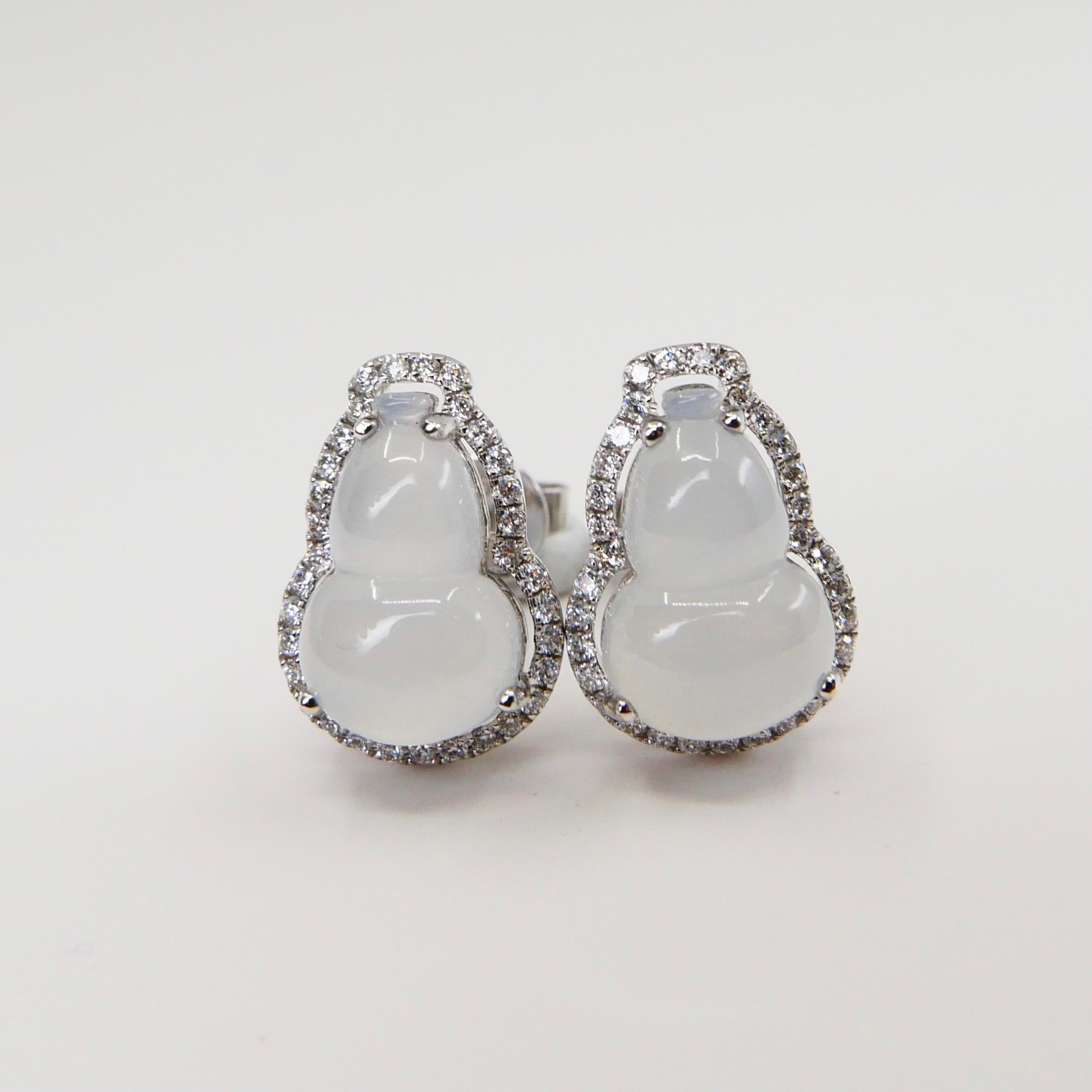 Certified Icy Jadeite Jade Gourd and Diamond Earrings, Colorless, Perfection For Sale 10