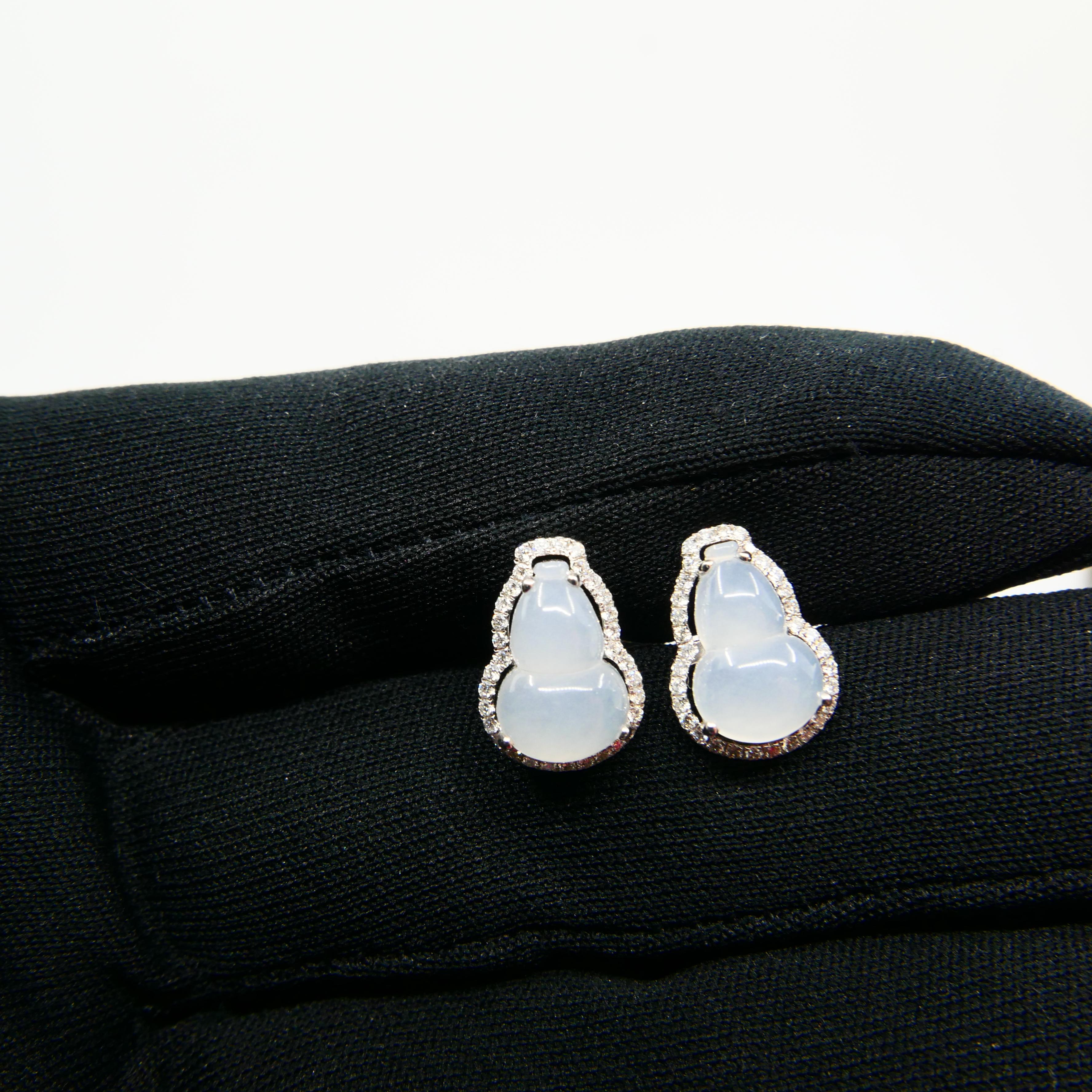 Rough Cut Certified Icy Jadeite Jade Gourd and Diamond Earrings, Colorless, Perfection For Sale