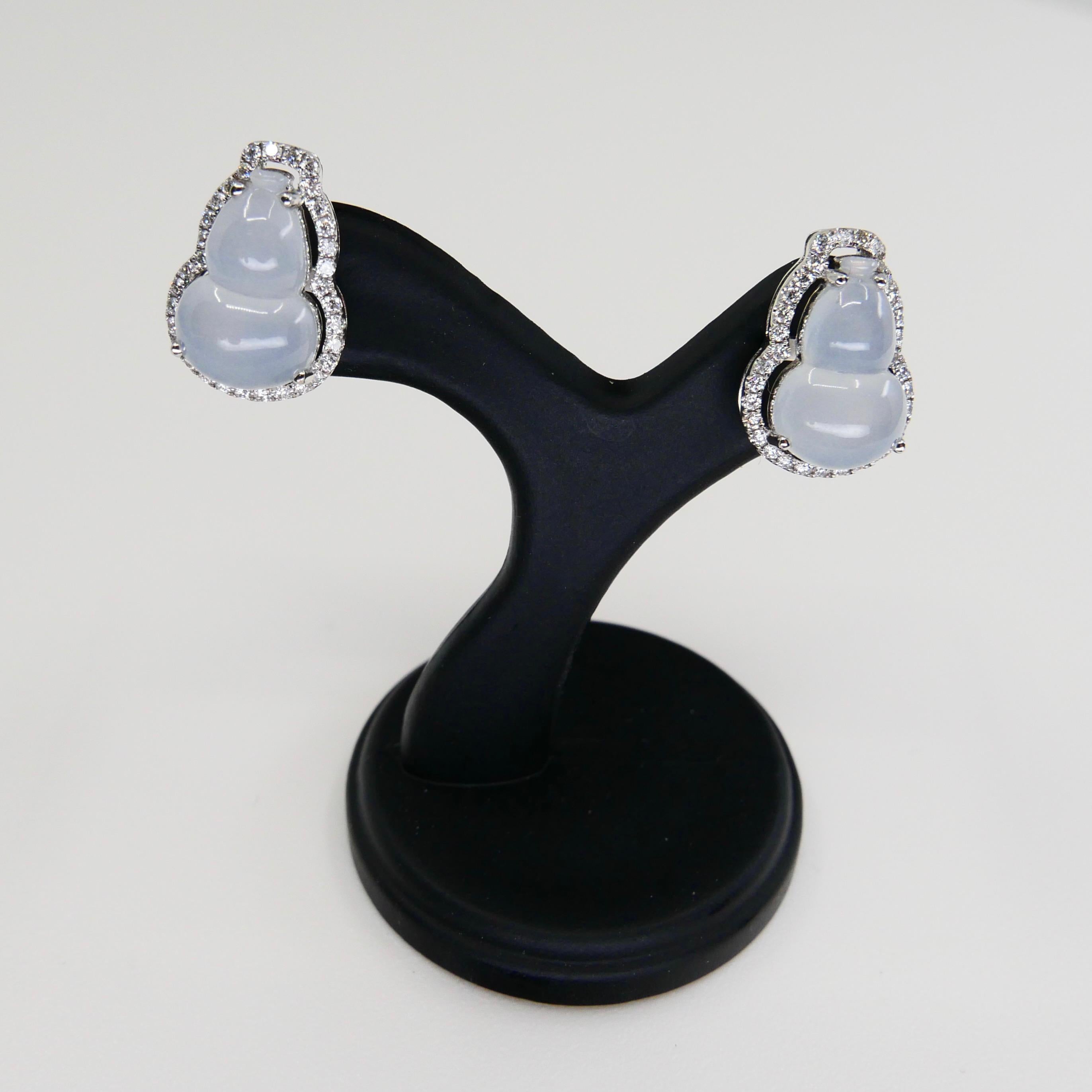 Certified Icy Jadeite Jade Gourd and Diamond Earrings, Colorless, Perfection For Sale 1