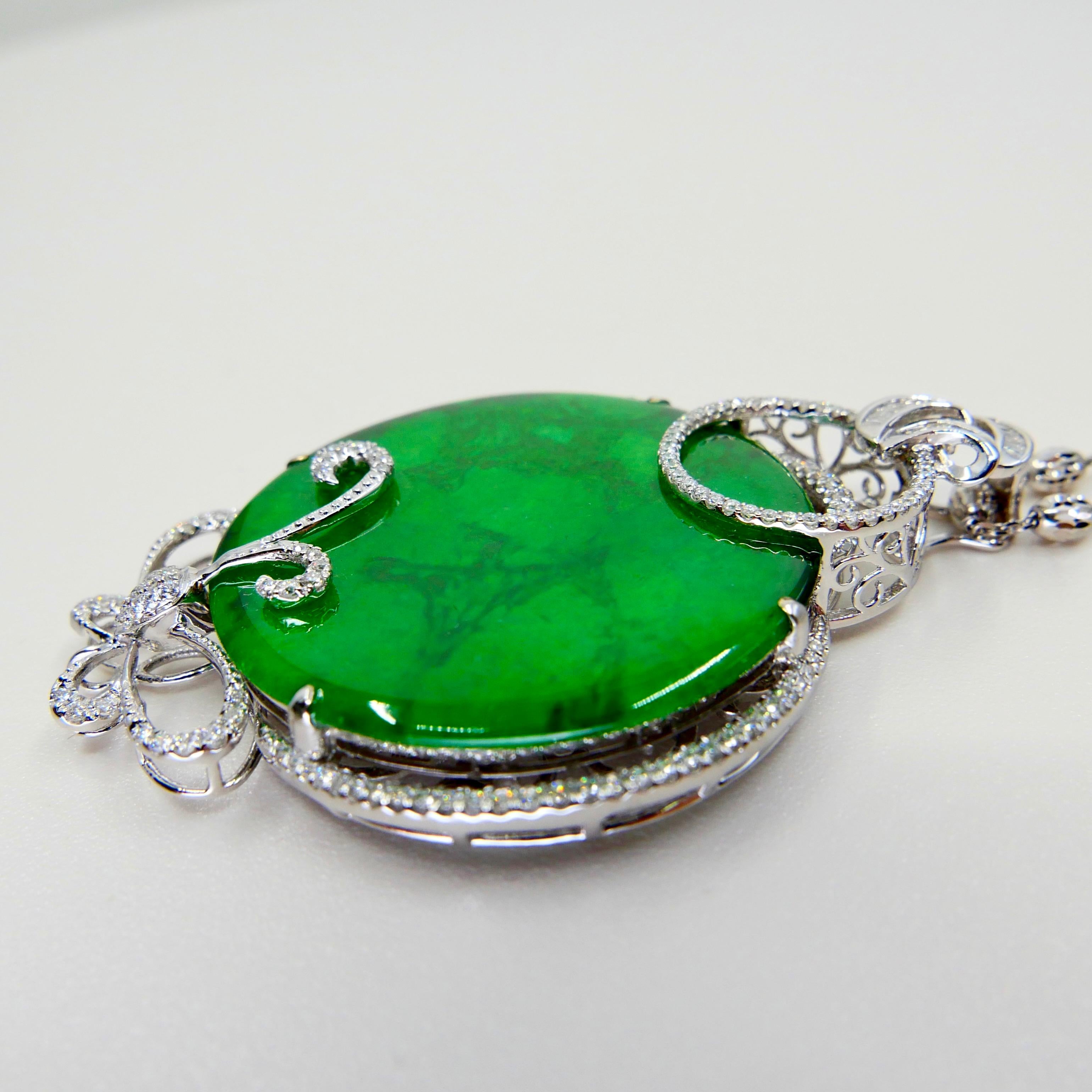 Certified Imperial & Apple Green Jadeite Jade Diamond Pendant, Sika Deer Pattern For Sale 2