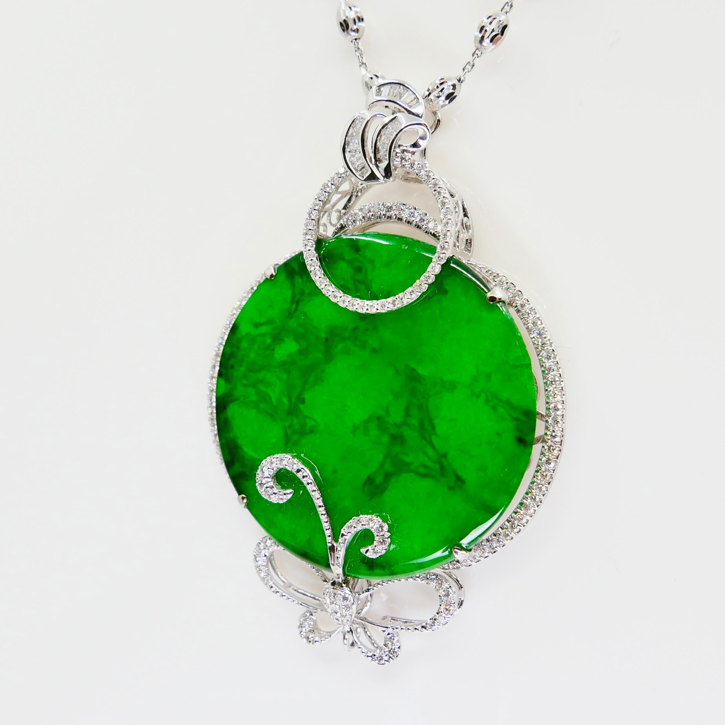 Certified Imperial & Apple Green Jadeite Jade Diamond Pendant, Sika Deer Pattern For Sale 3