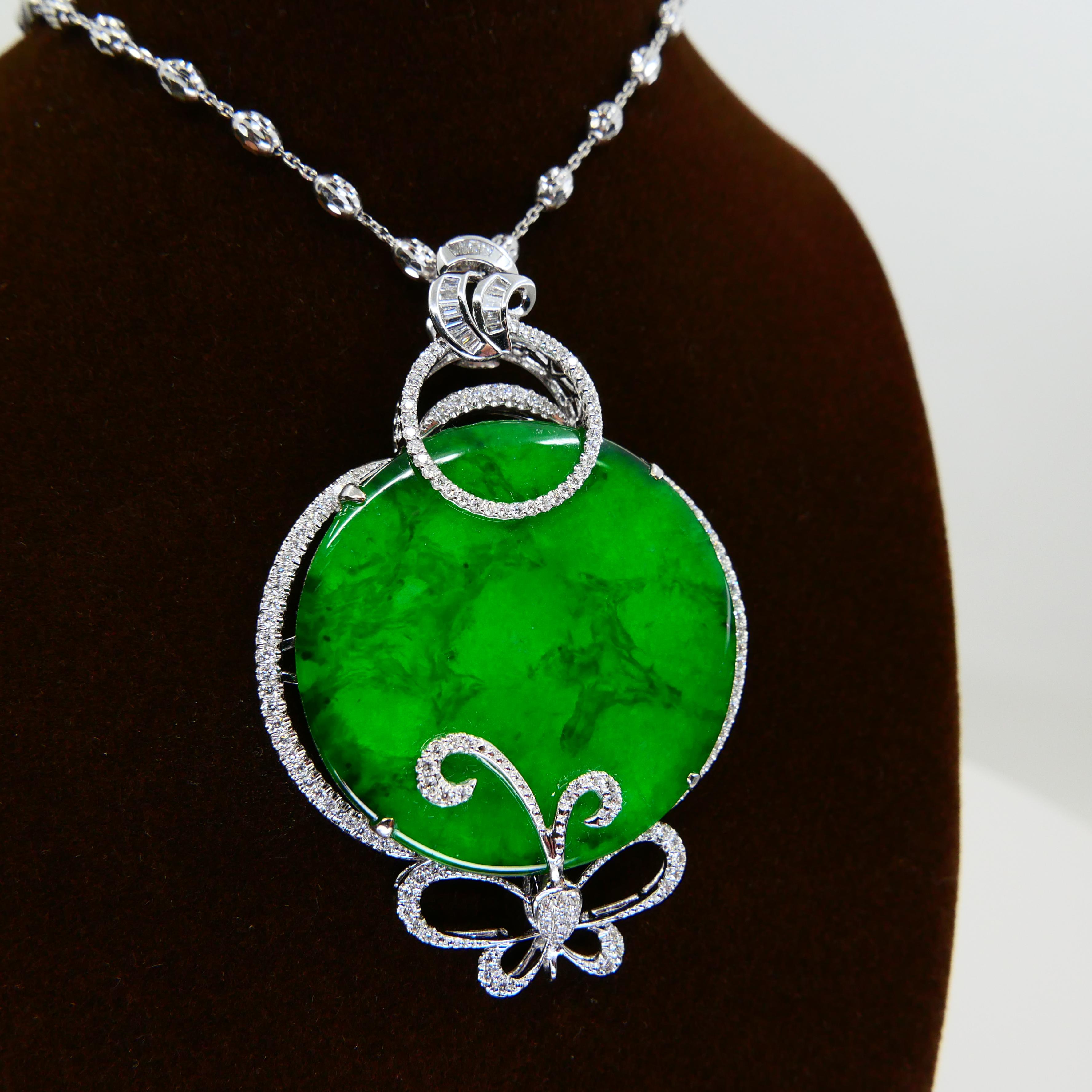 Certified Imperial & Apple Green Jadeite Jade Diamond Pendant, Sika Deer Pattern For Sale 4
