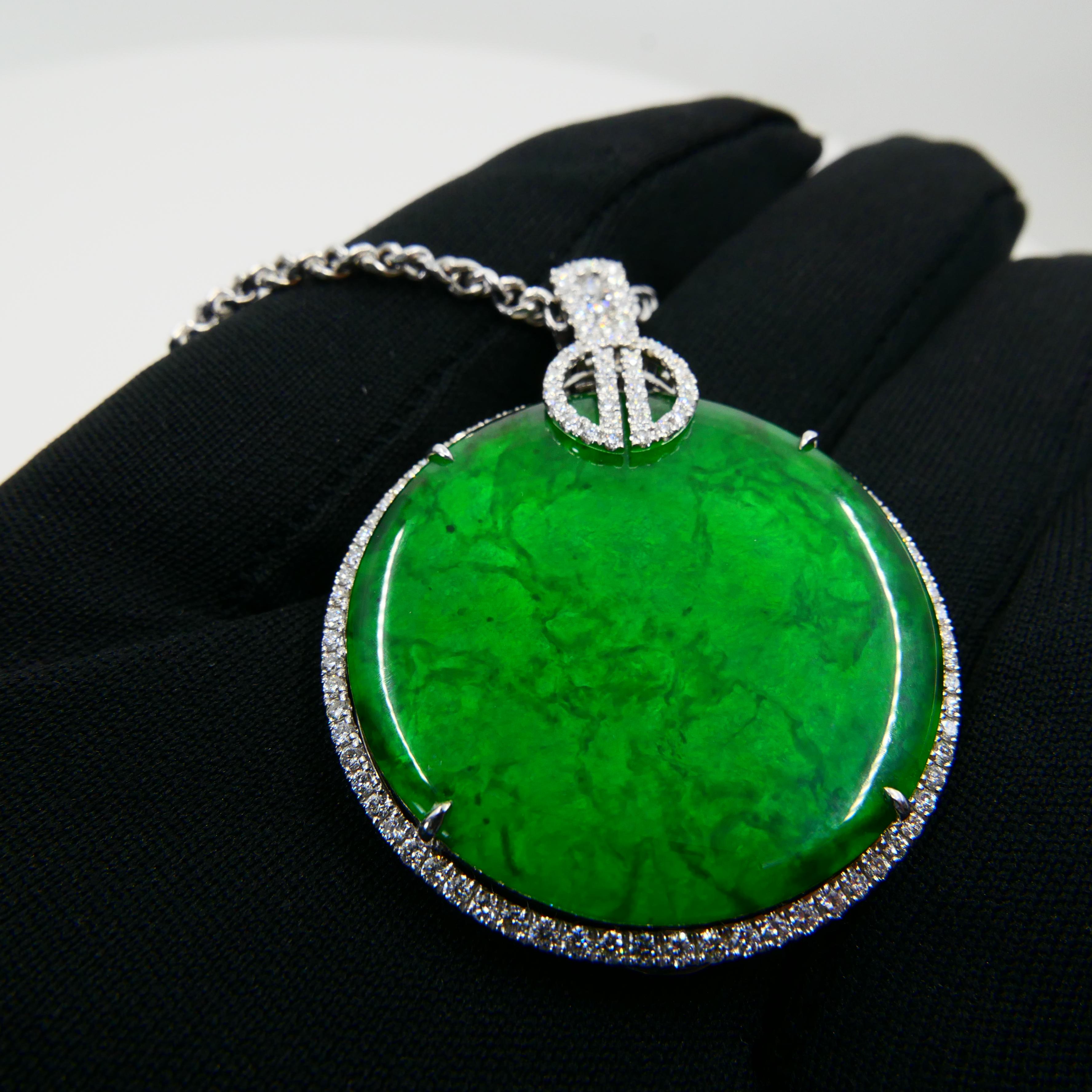 Certified Imperial & Apple Green Jadeite Jade Diamond Pendant, Sika Deer Pattern 7