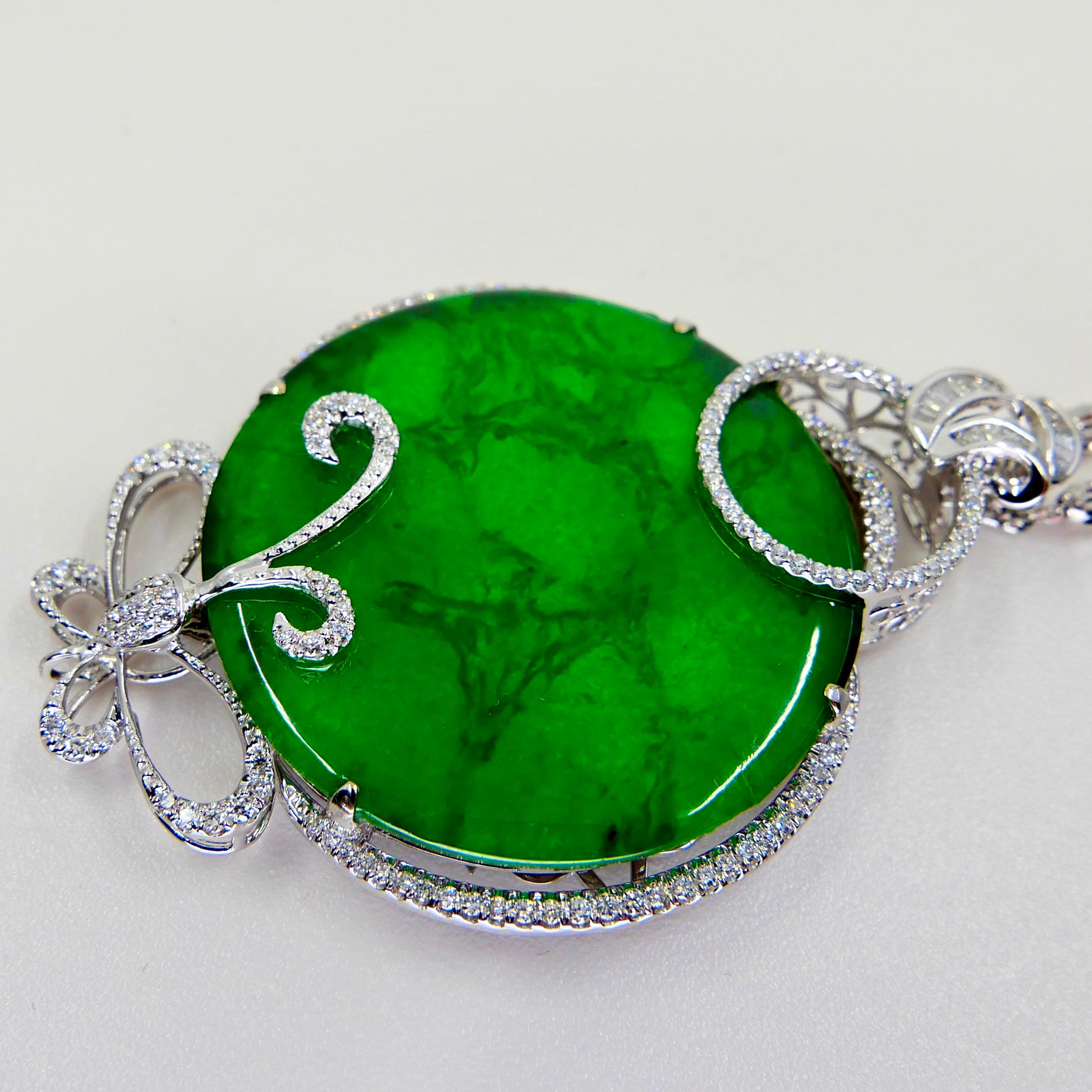 Certified Imperial & Apple Green Jadeite Jade Diamond Pendant, Sika Deer Pattern For Sale 7
