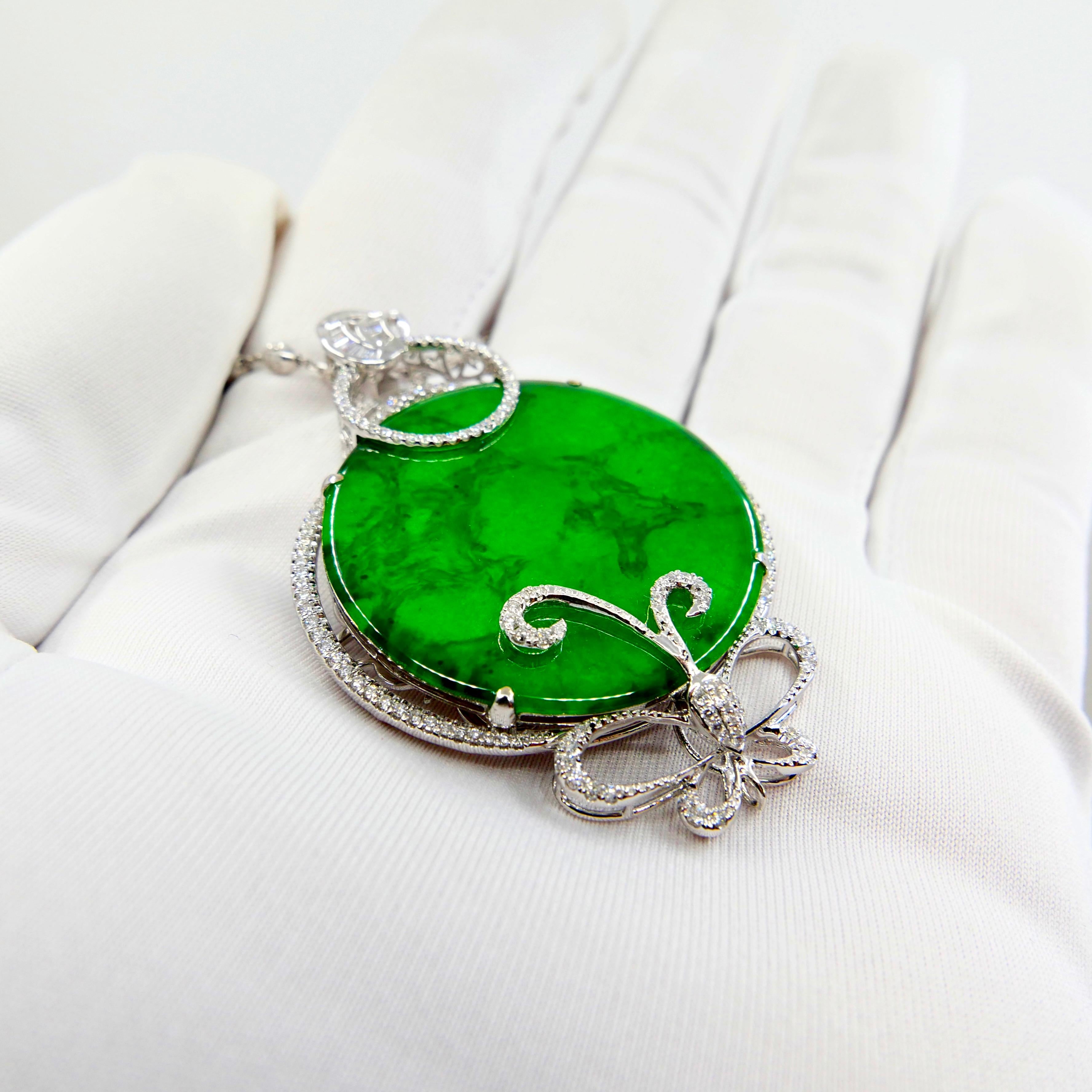 Certified Imperial & Apple Green Jadeite Jade Diamond Pendant, Sika Deer Pattern For Sale 8