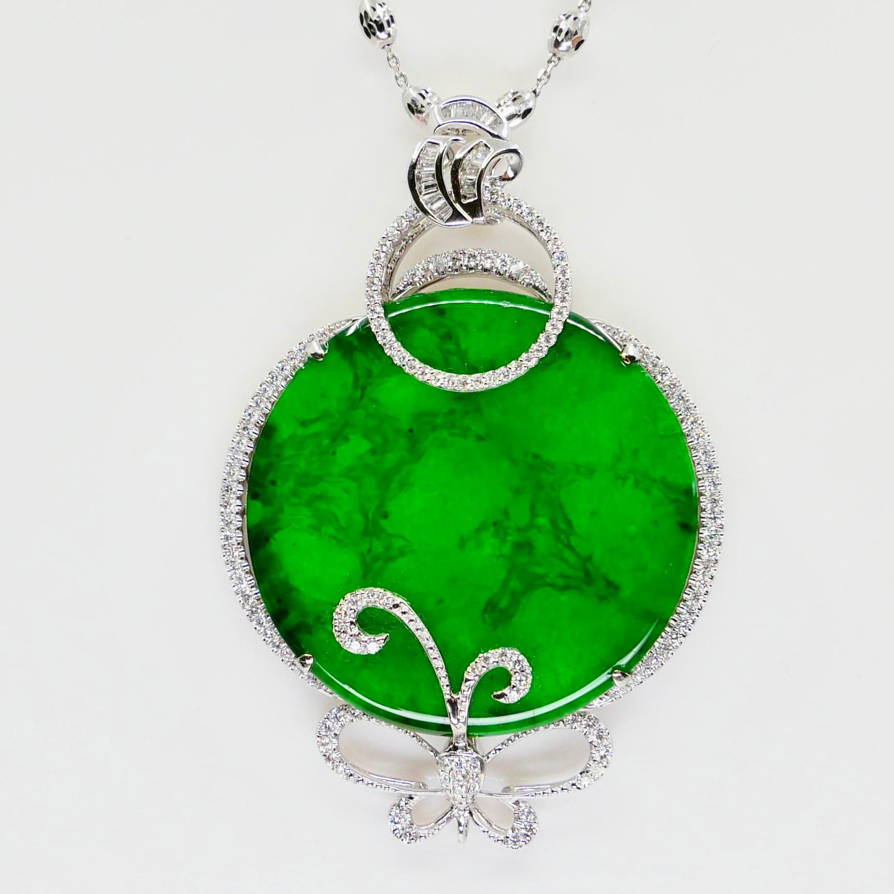 Round Cut Certified Imperial & Apple Green Jadeite Jade Diamond Pendant, Sika Deer Pattern For Sale