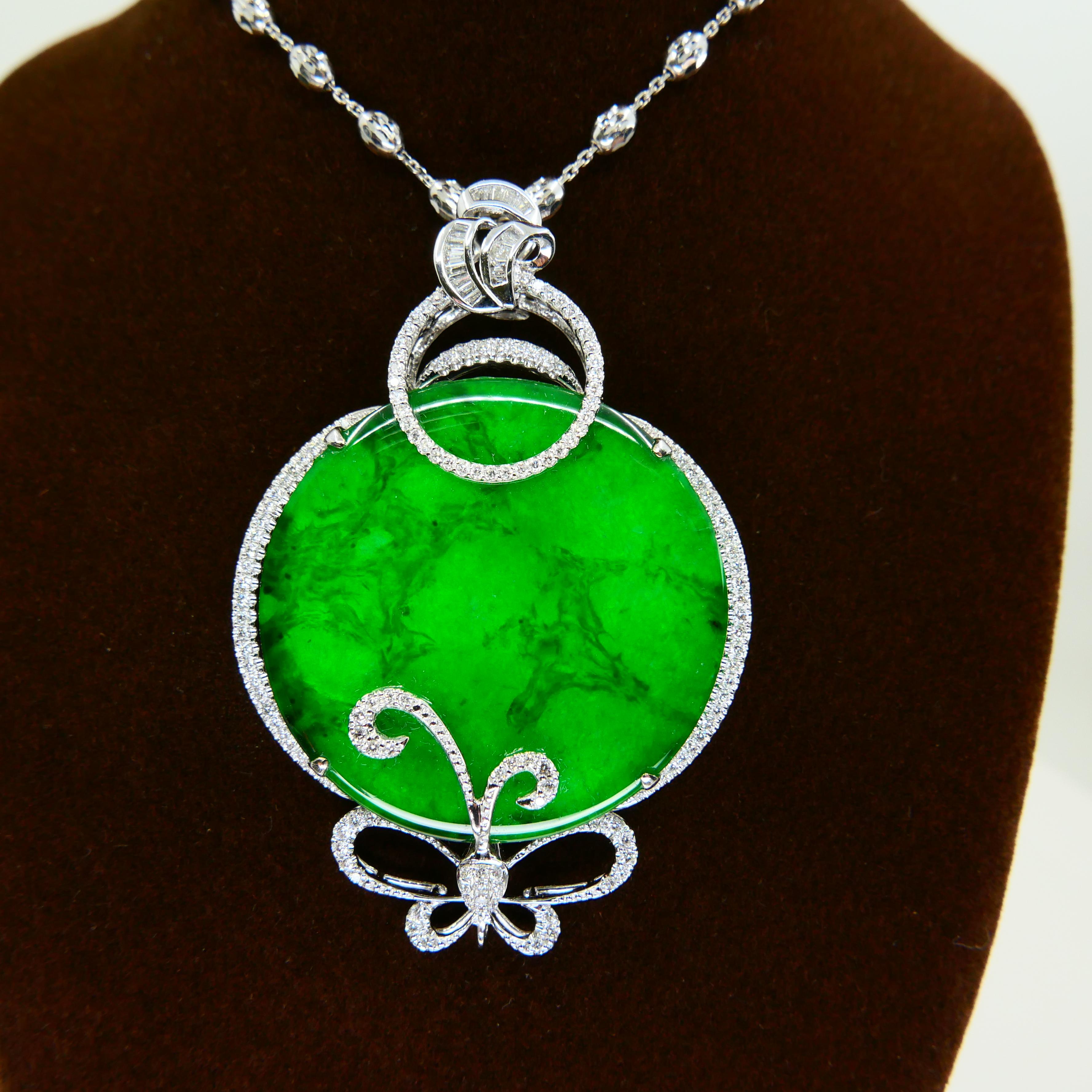 Women's Certified Imperial & Apple Green Jadeite Jade Diamond Pendant, Sika Deer Pattern For Sale