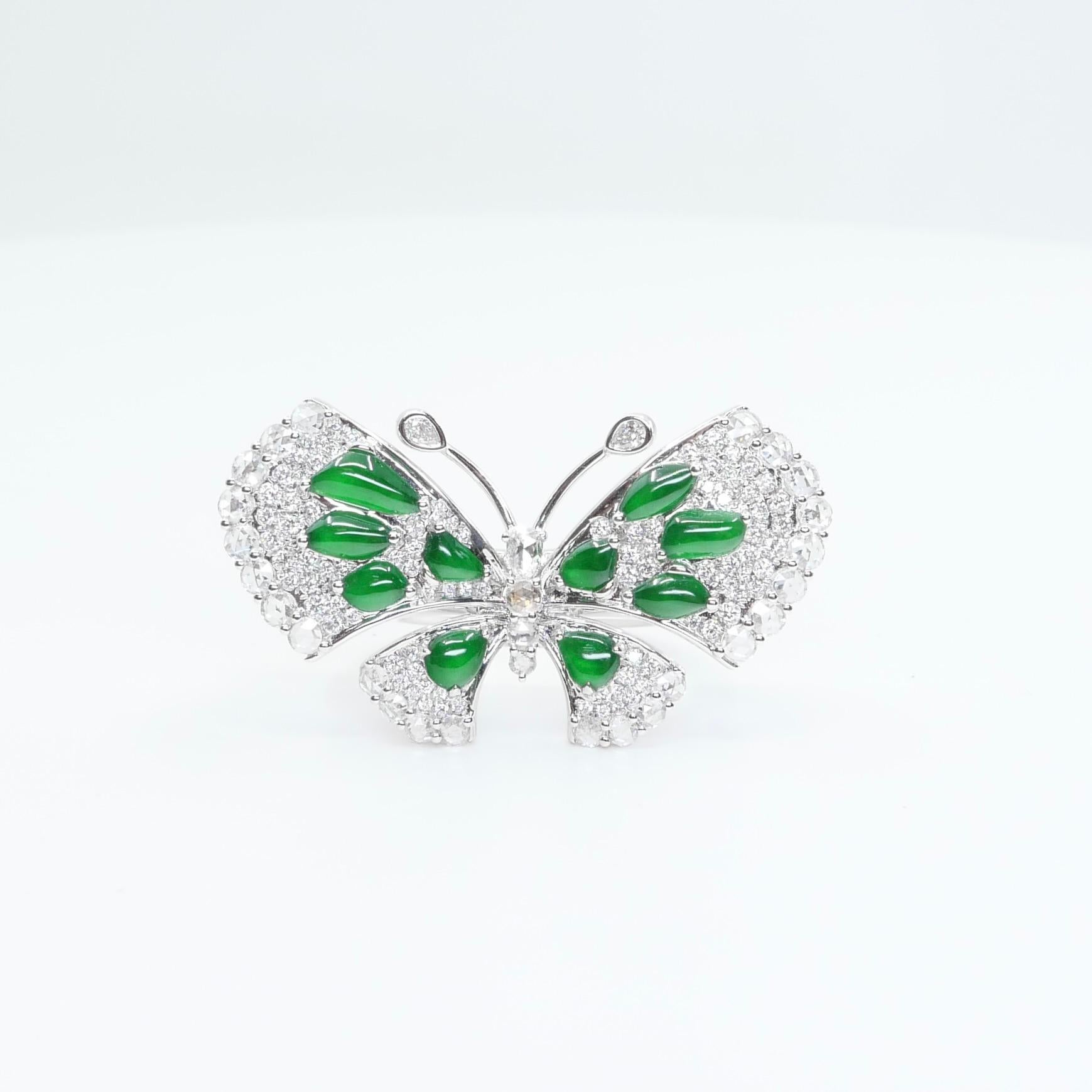 Certified Imperial Green Jade Butterfly & Rose Cut Diamond Ring, Pendant, Brooch For Sale 8