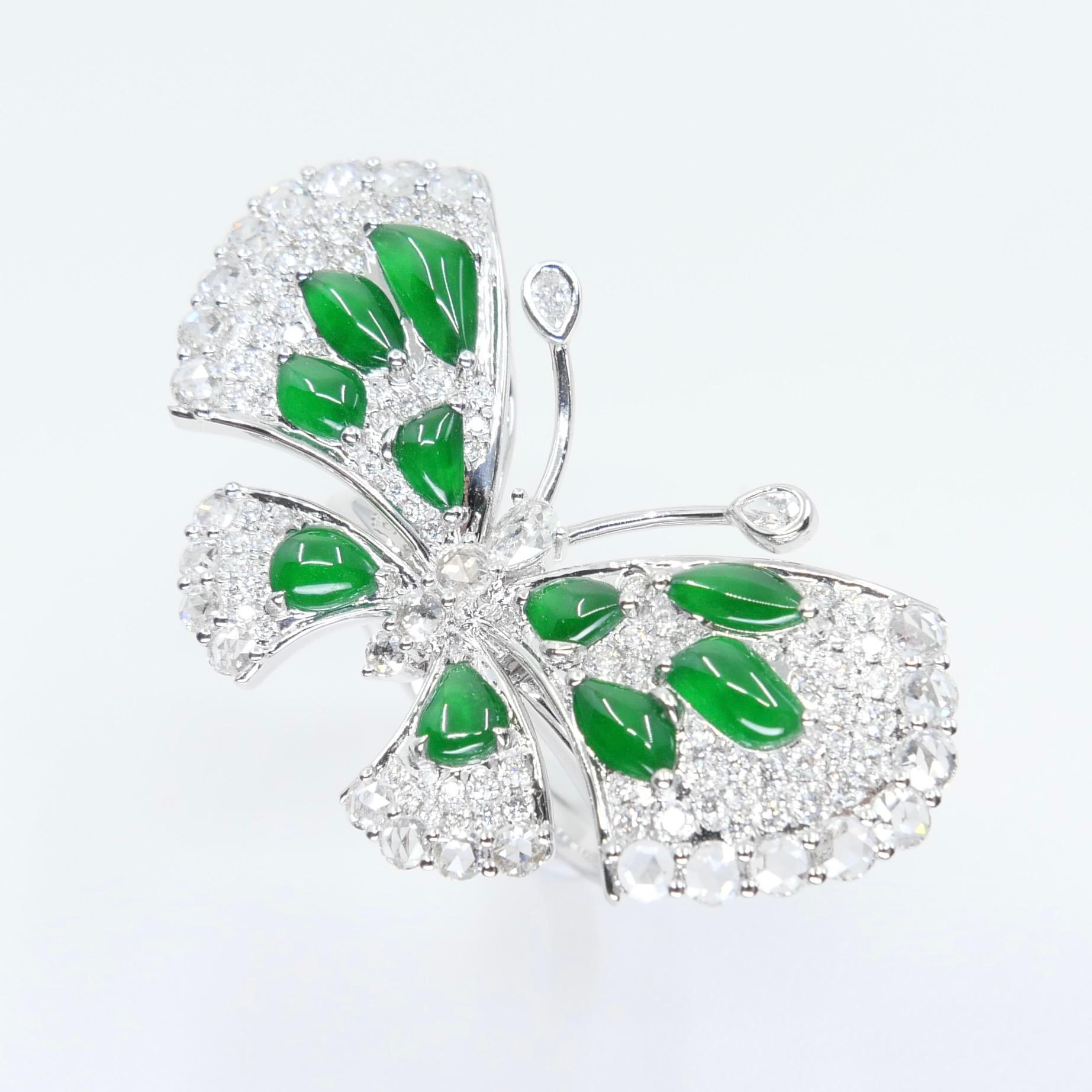 Certified Imperial Green Jade Butterfly & Rose Cut Diamond Ring, Pendant, Brooch For Sale 1