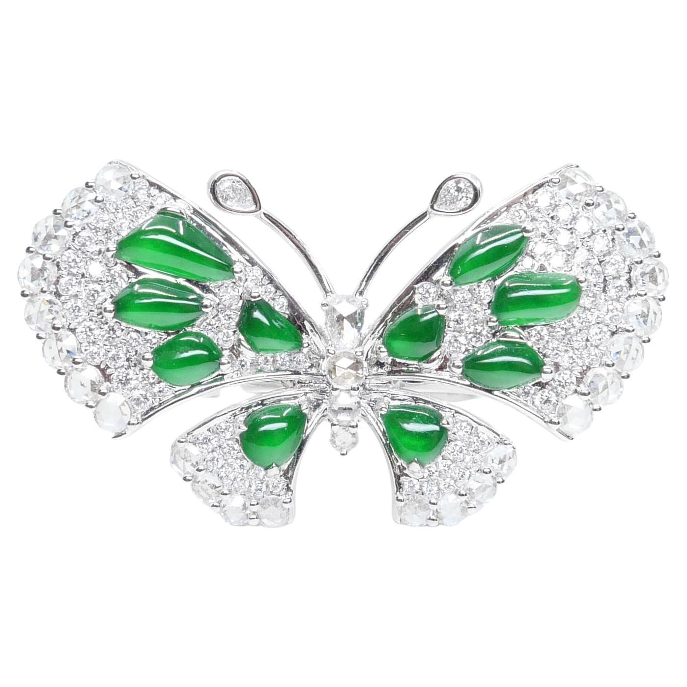 Certified Imperial Green Jade Butterfly & Rose Cut Diamond Ring, Pendant, Brooch For Sale