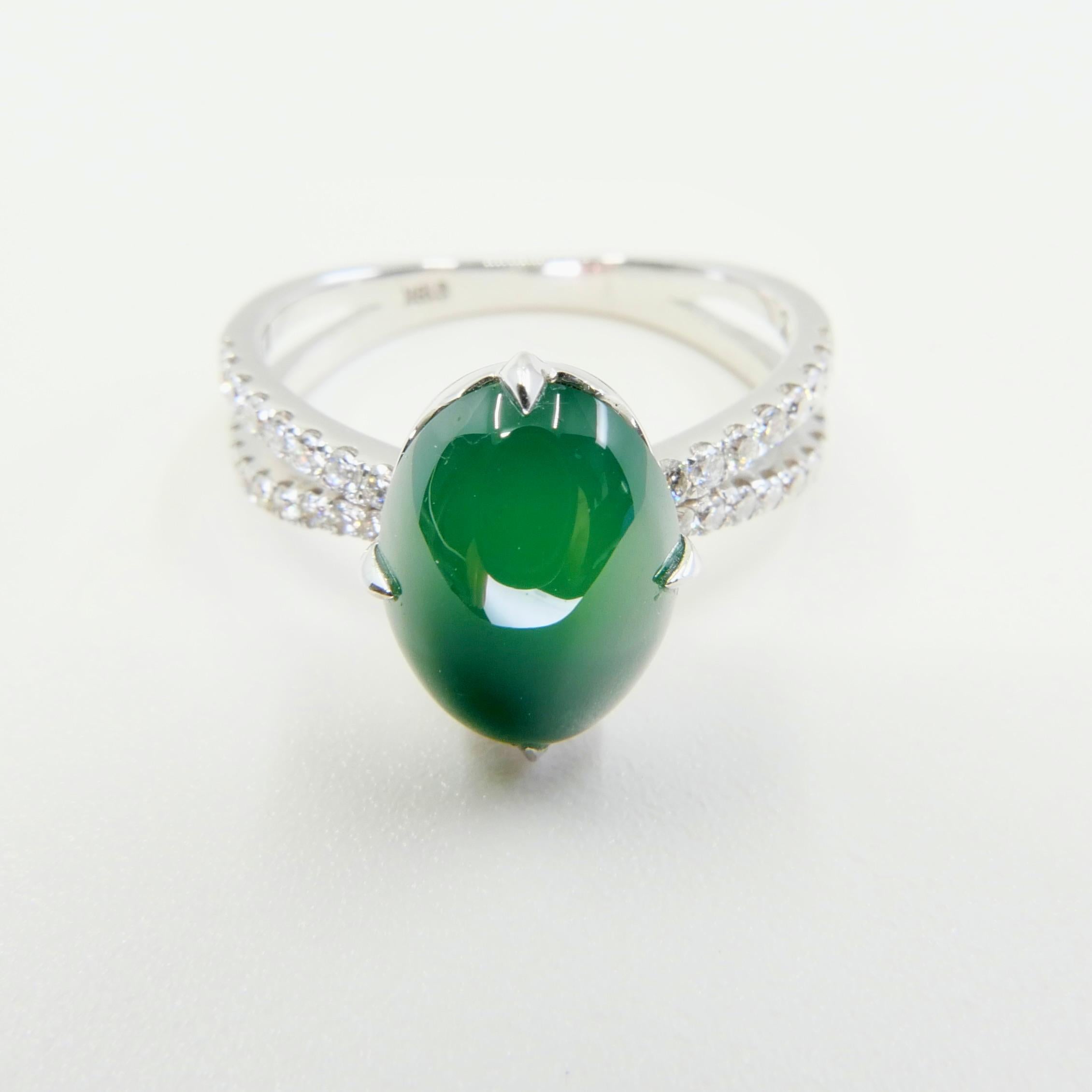 Certified Imperial Green Jade & Diamond Cocktail Ring. Best Of The Best. For Sale 3