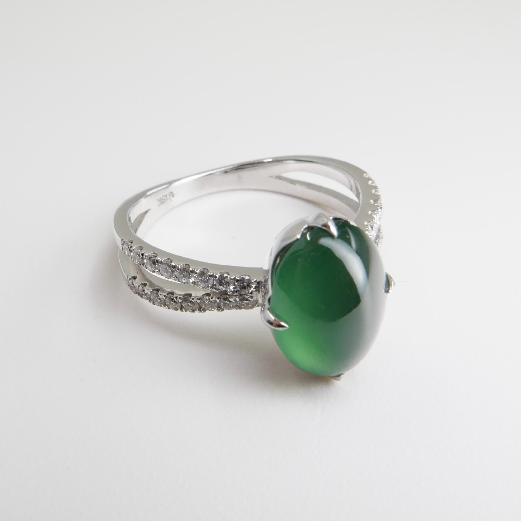 Contemporary Certified Imperial Green Jade & Diamond Cocktail Ring. Best Of The Best. For Sale