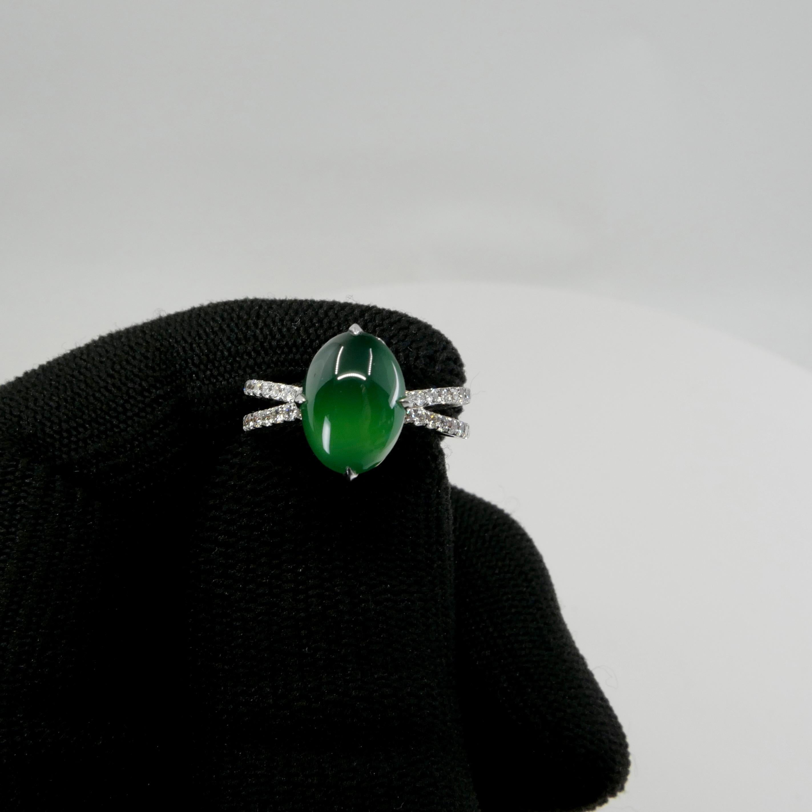 Certified Imperial Green Jade & Diamond Cocktail Ring. Best Of The Best. For Sale 2