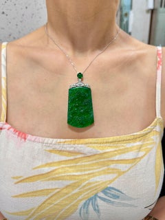 Certified Imperial Green Jade & Diamond Pendant . XXL Size Intricate carving