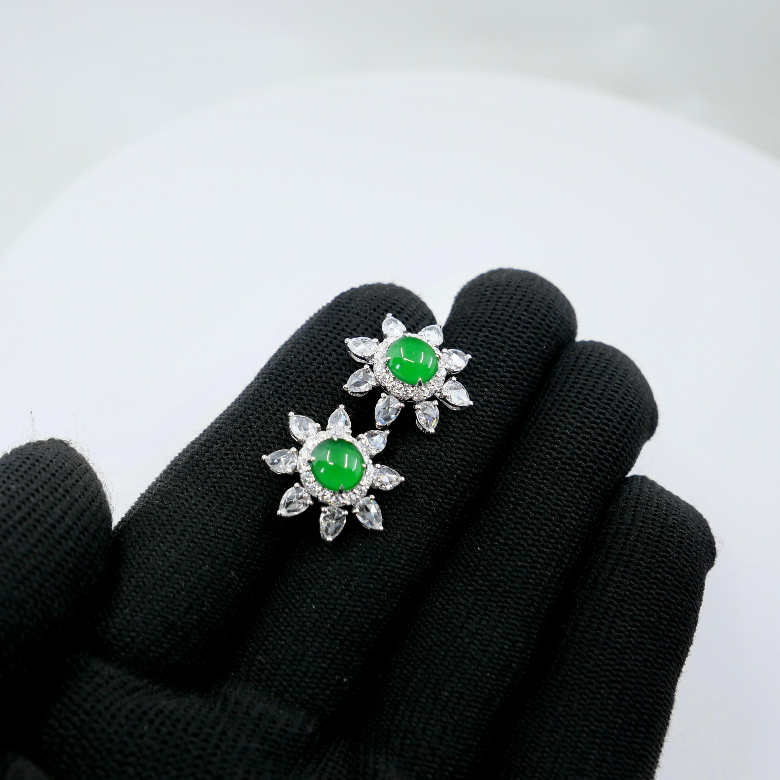Boucles d'oreilles certifiées impériales en jade vert et diamants taille rose Best Glowing Green en vente 6