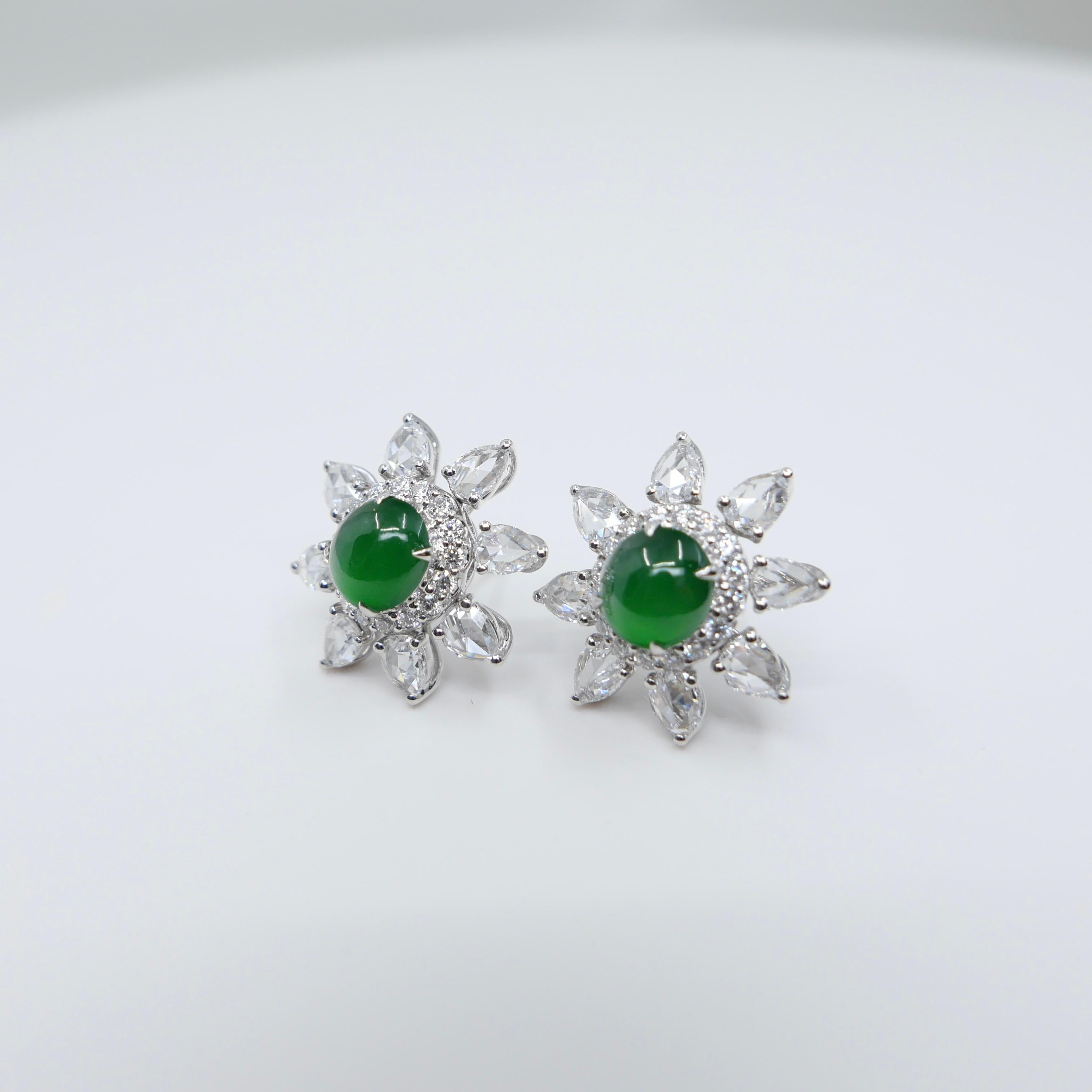 Boucles d'oreilles certifiées impériales en jade vert et diamants taille rose Best Glowing Green en vente 7